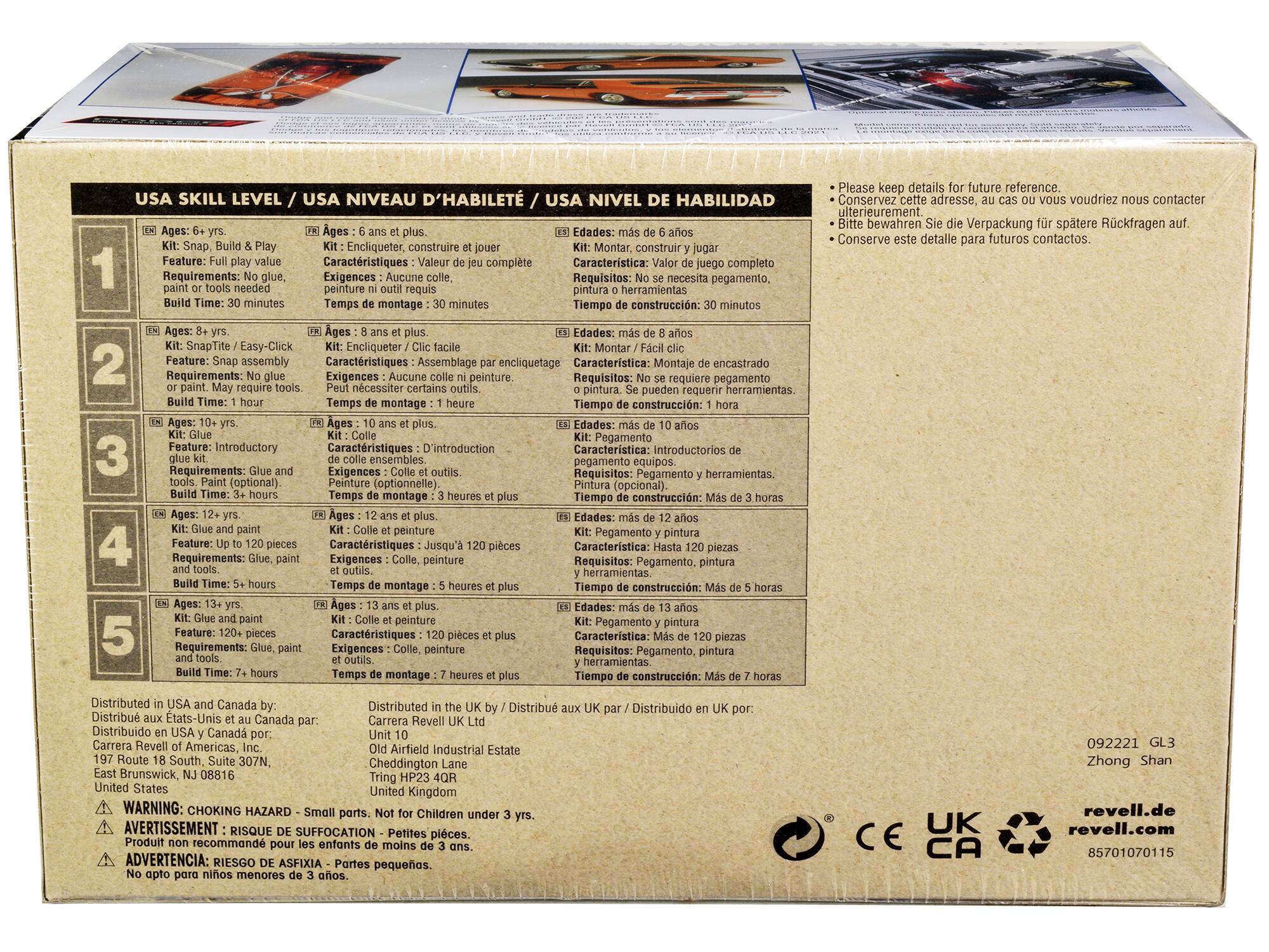 **USA SKILL LEVEL / USA NIVEAU D'HABILITÉ / USA NIVEL DE HABILIDAD**

1. **Ages: 6+ yrs.**  
   - Kit: Snap, Build & Play  
   - Feature: Full play value  
   - Requirements: No glue, paint or tools needed  
   - Build Time: 30 minutes  

2. **Ages: 8+ yrs.**  
   - Kit: Snapit 2 / Easy-Click  
   - Feature: Snap assembly  
   - Requirements: No glue, paint. May require tools.  
   - Build Time: 1 hour  

3. **Ages: 10+ yrs.**  
   - Kit: Glue  
   - Feature: Introductory  
   - Requirements: Glue and tools.  
   - Build Time: 1 hour  

4. **Ages: 12+ yrs.**  
   - Kit: Glue and paint  
   - Feature: Up to 120 pieces  
   - Requirements: Glue, paint and tools.  
   - Build Time: 3+ hours  

5. **Ages: 13+ yrs.**  
   -