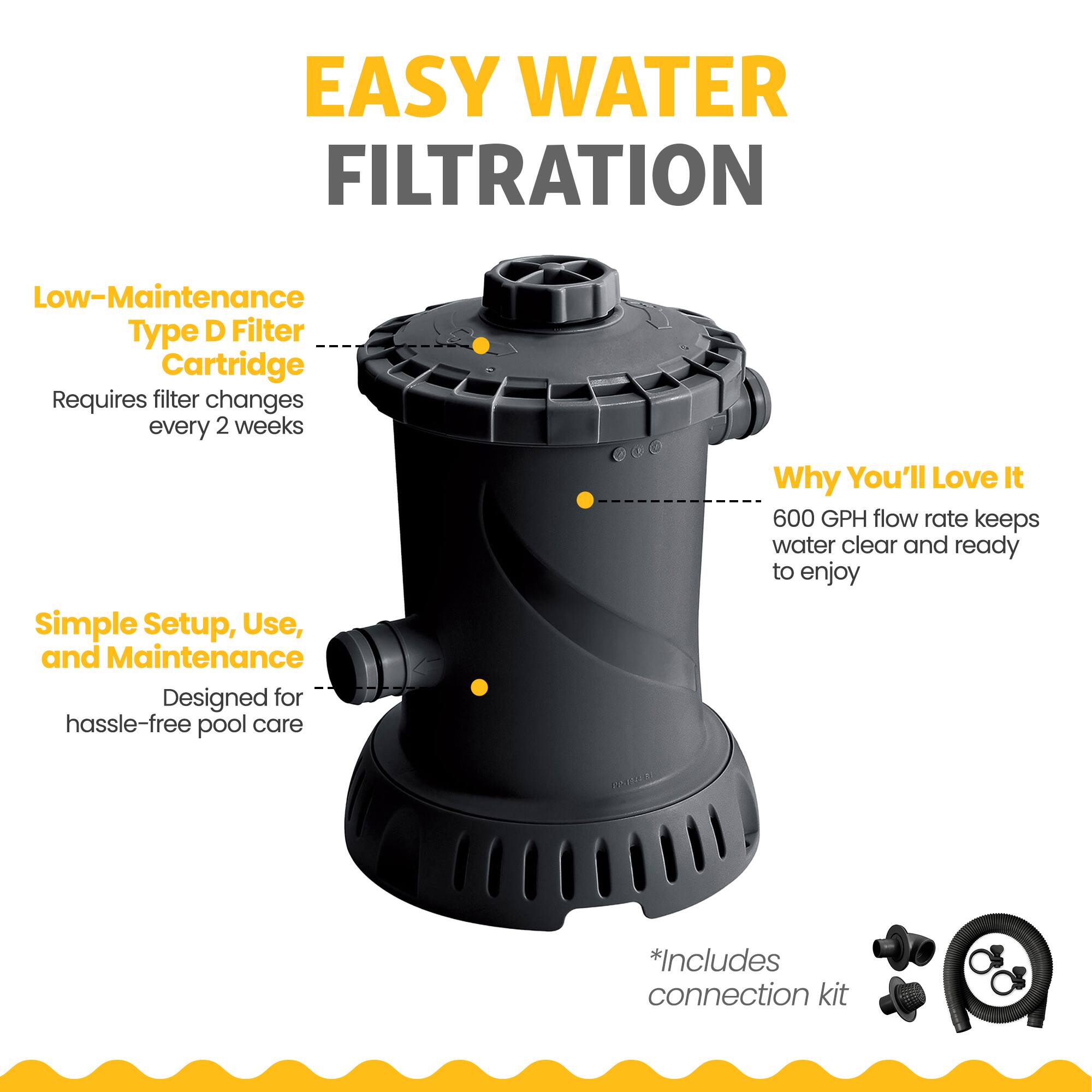 EASY WATER FILTRATION

Low-Maintenance Type D Filter Cartridge
Requires filter changes every 2 weeks

Simple Setup, Use, and Maintenance
Designed for hassle-free pool care

Why You'll Love It
600 GPH flow rate keeps water clear and ready to enjoy

*Includes connection kit