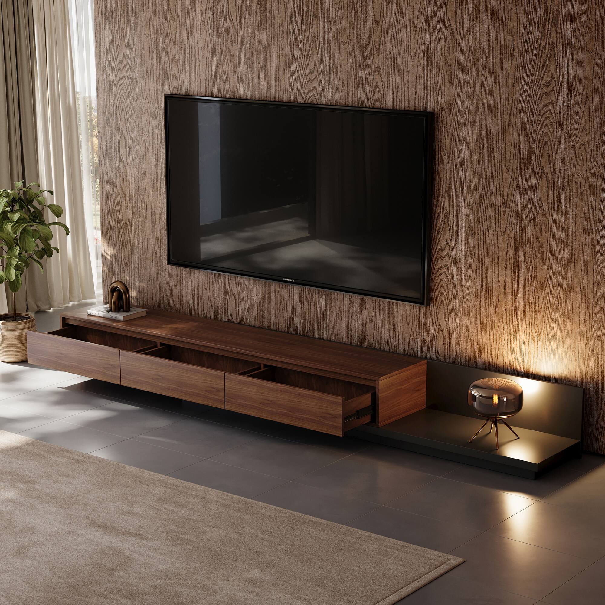 Alt View 1. luck idea - 78.7" Stretchable TV stand,tv console With a maximum width of 141.7" , Suitable for TVs up to 100 inches. - Walnut color.
