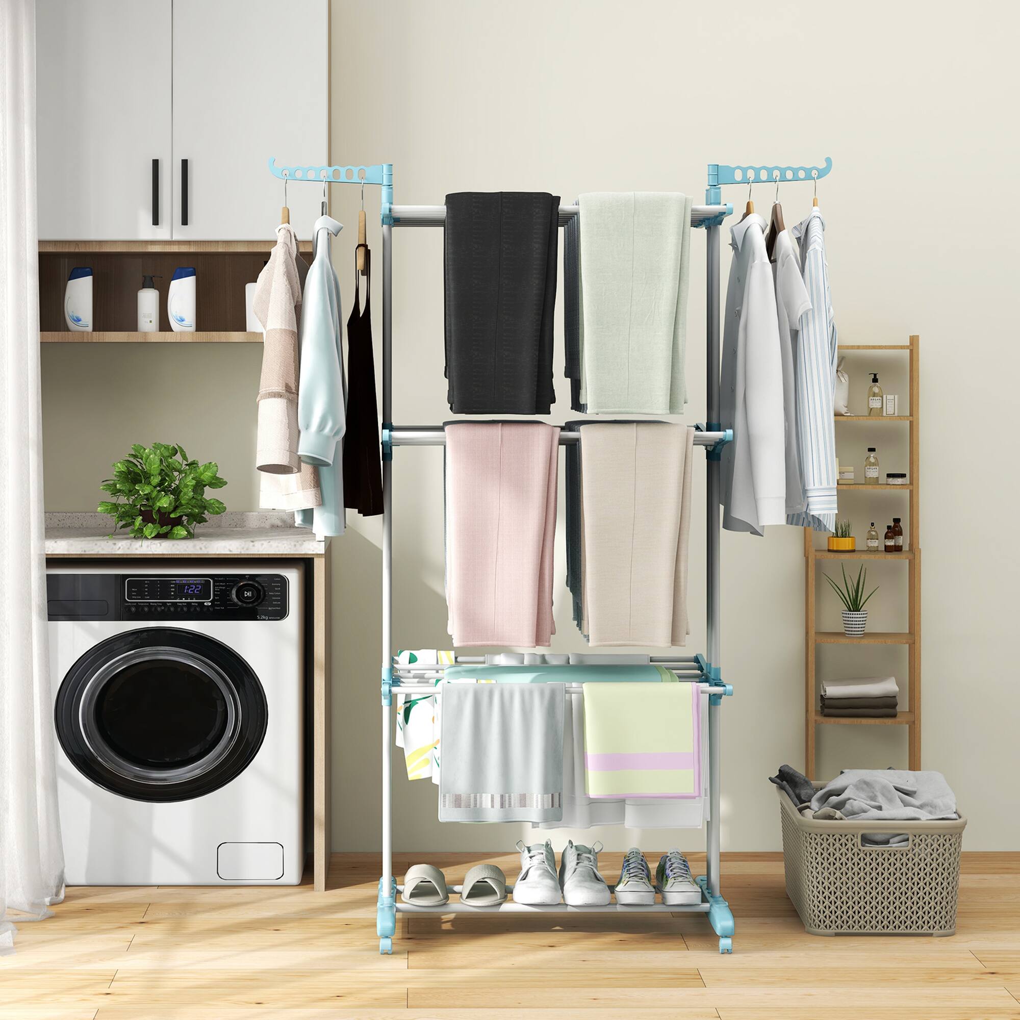 Alt View 1. Costway - Costway 3-tier Folding Clothes Drying Rack with Rotatable Side Wings & Collapsible Shelves - Blue.