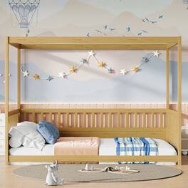 GOODSILO - Full Size Canopy Bed Frame with Guardrails, Kids Montessori Floor Bed, Wood Four Poster Bed for Girls Boys - Natural Wood