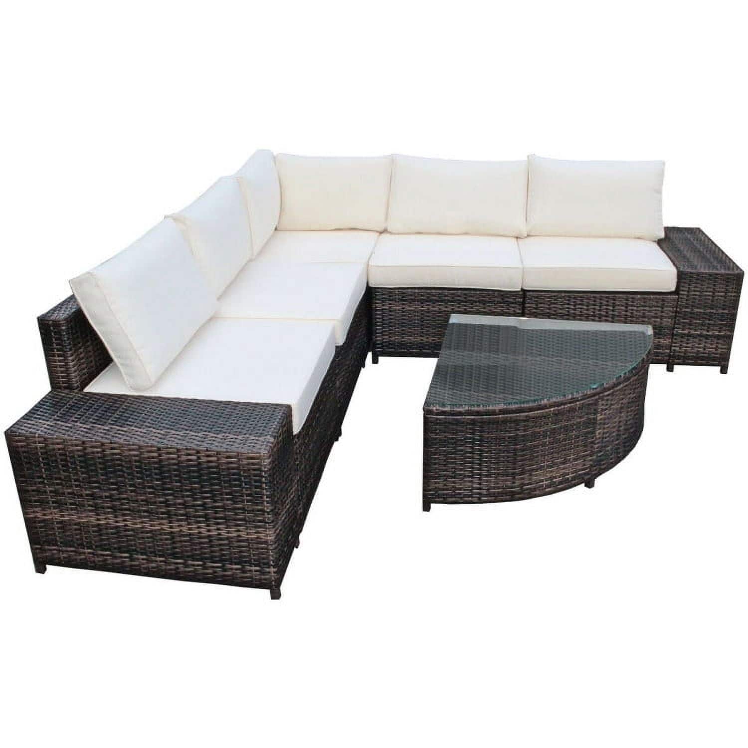 Kadyn - 6 Pc Wicker Patio Sectional Sofa Set with Tempered Glass Coffee Table- Patio Seating Conversation - White