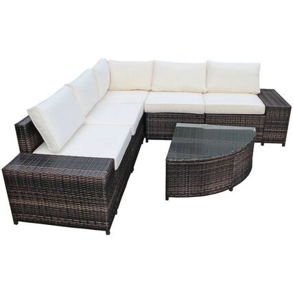 Front. Kadyn - 6 Pc Wicker Patio Sectional Sofa Set with Tempered Glass Coffee Table-White, Patio Seating Conversation - White.