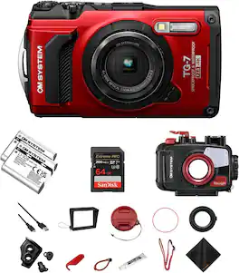 OM System - Tough TG-7 Red Digital Camera+PT-059+Extra LI-92B Battery+64GBCard Set