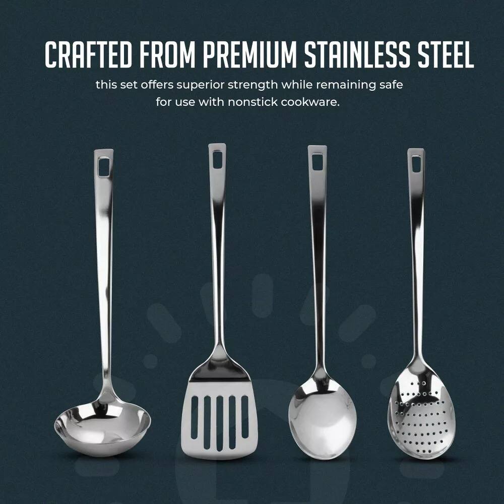 CRAFTED FROM PREMIUM STAINLESS STEEL, this set offers superior strength while remaining safe for use with nonstick cookware.