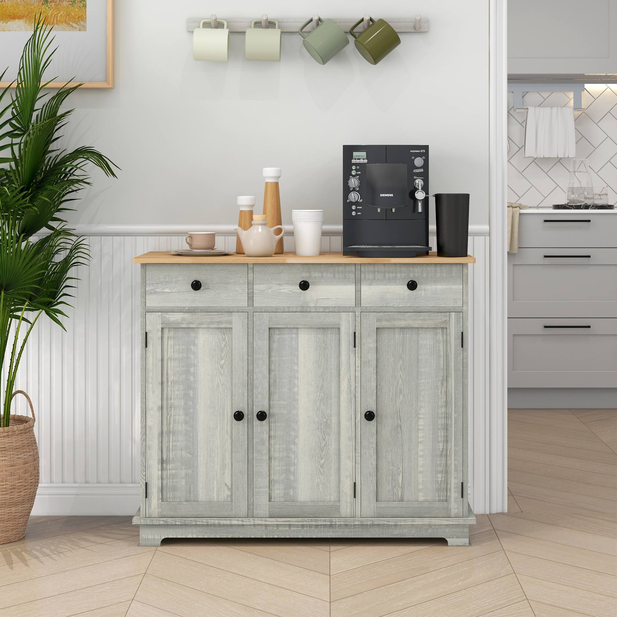Alt View 1. Homcom - Storage Cabinet, Sideboard Floor Cupboard with Solid Wood Top, Adjustable Shelf, and 3 Drawers - Distressed Light Gray.