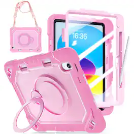 Dteck - Case Built-in Screen Protector for Apple iPad (A16) 11'' 2025/10th 2022 Pencil Holder Ring Stand Cover+Crossbody Strap - Rosegold