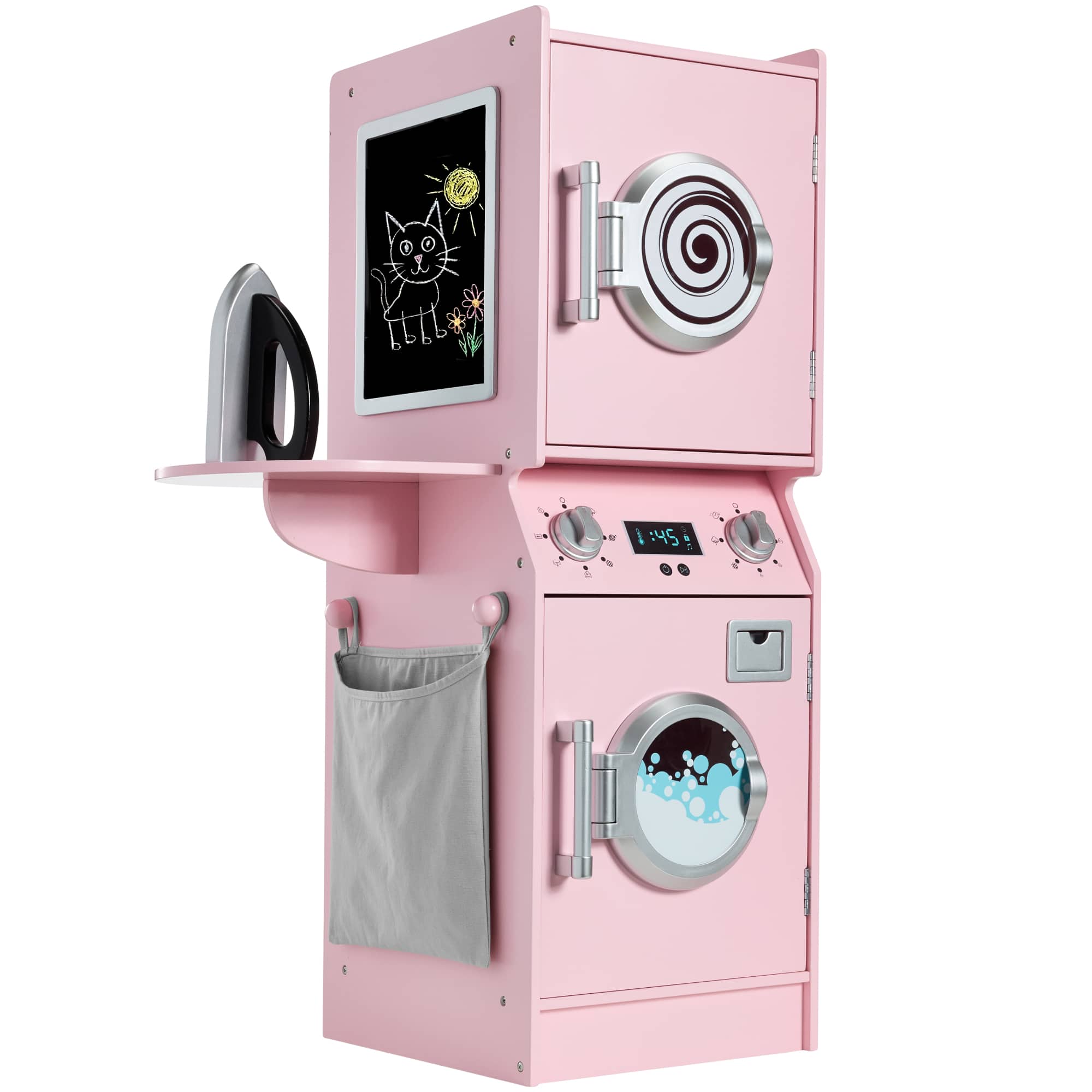 Best Choice Products - Pretend Play Kids Wooden Stacked Washer & Dryer Set w/ Toy Laundry Storage and Accessories - Pink