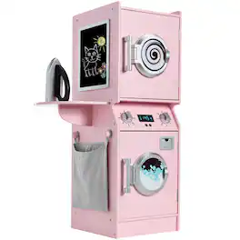 Best Choice Products - Pretend Play Kids Wooden Stacked Washer & Dryer Set w/ Toy Laundry Storage and Accessories - Pink