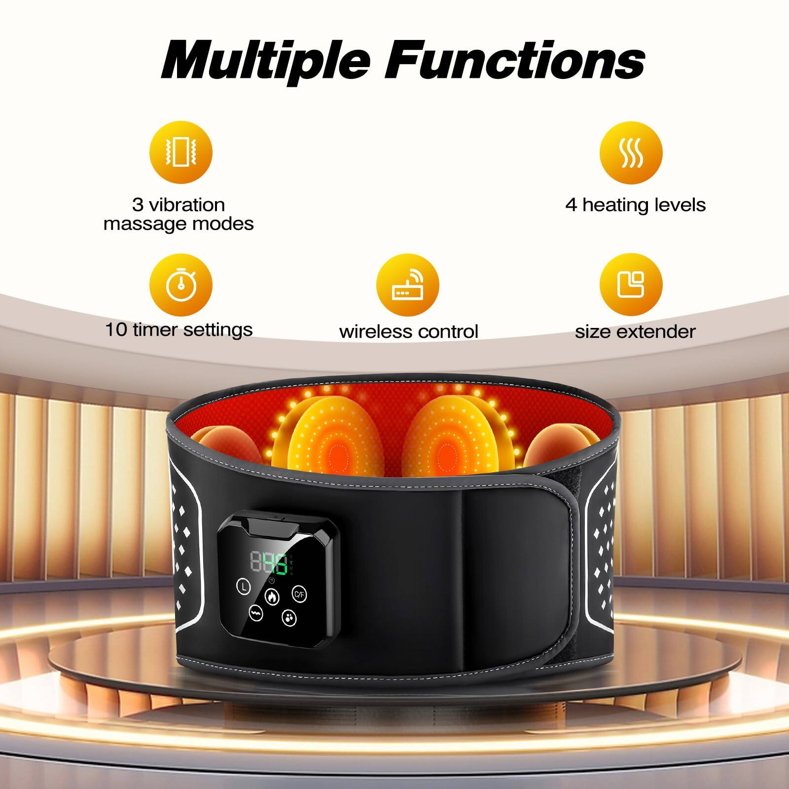 Multiple Functions

- 3 vibration massage modes
- 4 heating levels
- 10 timer settings
- wireless control
- size extender