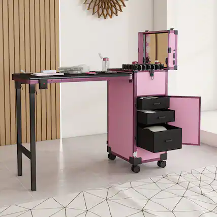 Front. TinyHomie - Portable Nail Art Table w LED Mirror Bluetooth Lockable Drawers Telescopic Pole Folding Manicure Station for Salons Pink.