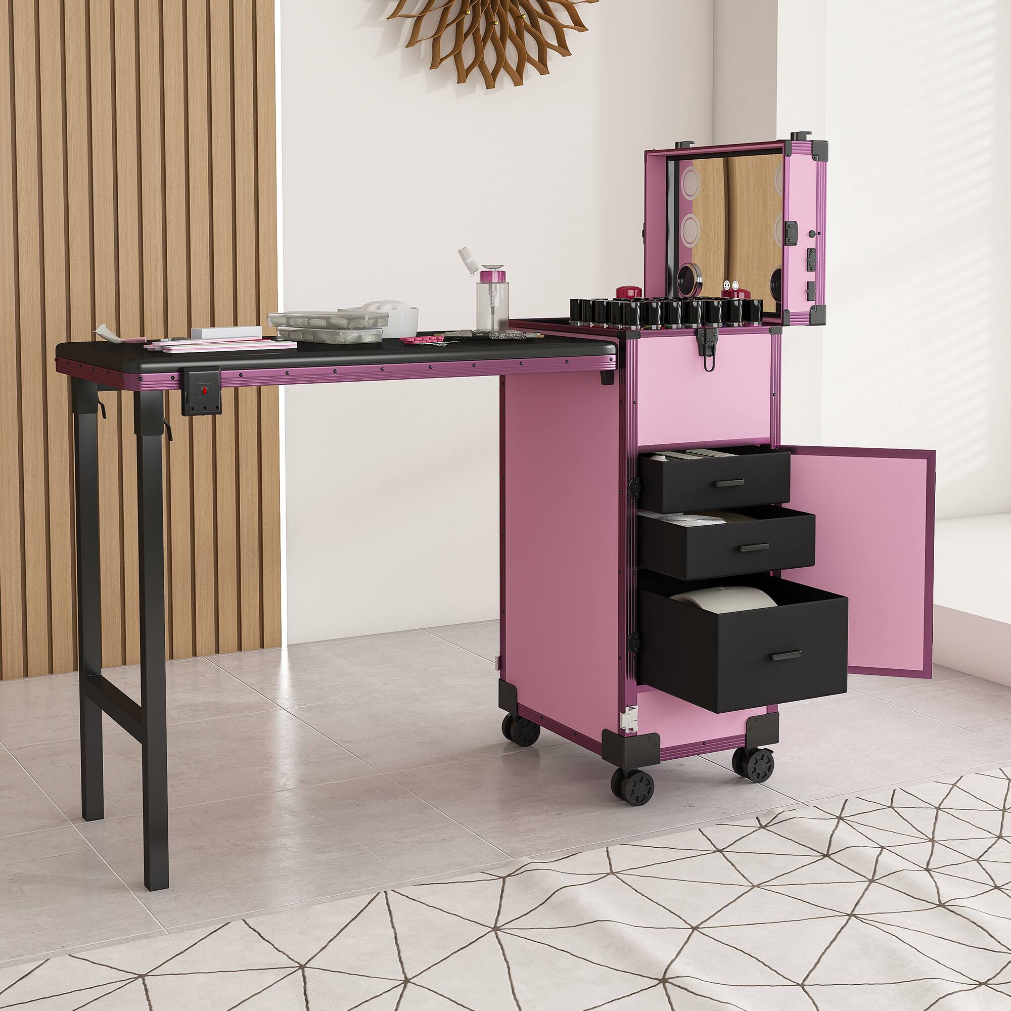 Front. TinyHomie - Portable Nail Art Table w LED Mirror Bluetooth Lockable Drawers Telescopic Pole Folding Manicure Station for Salons Pink.