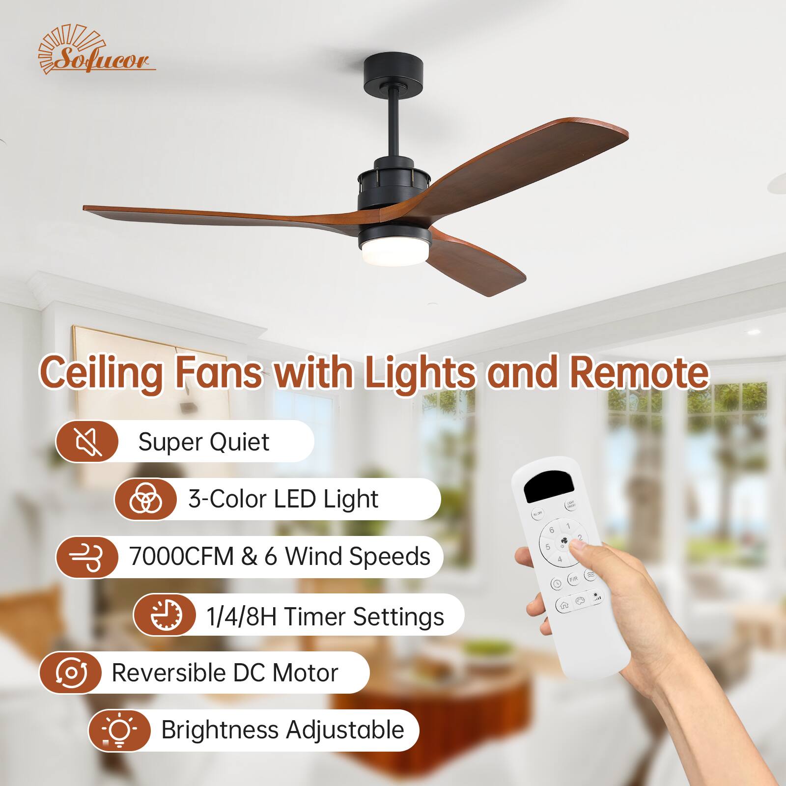 Sofucor Ceiling Fans with Lights and Remote  
Super Quiet  
3-Color LED Light  
7000CFM & 6 Wind Speeds  
1/4/8H Timer Settings  
Reversible DC Motor  
Brightness Adjustable