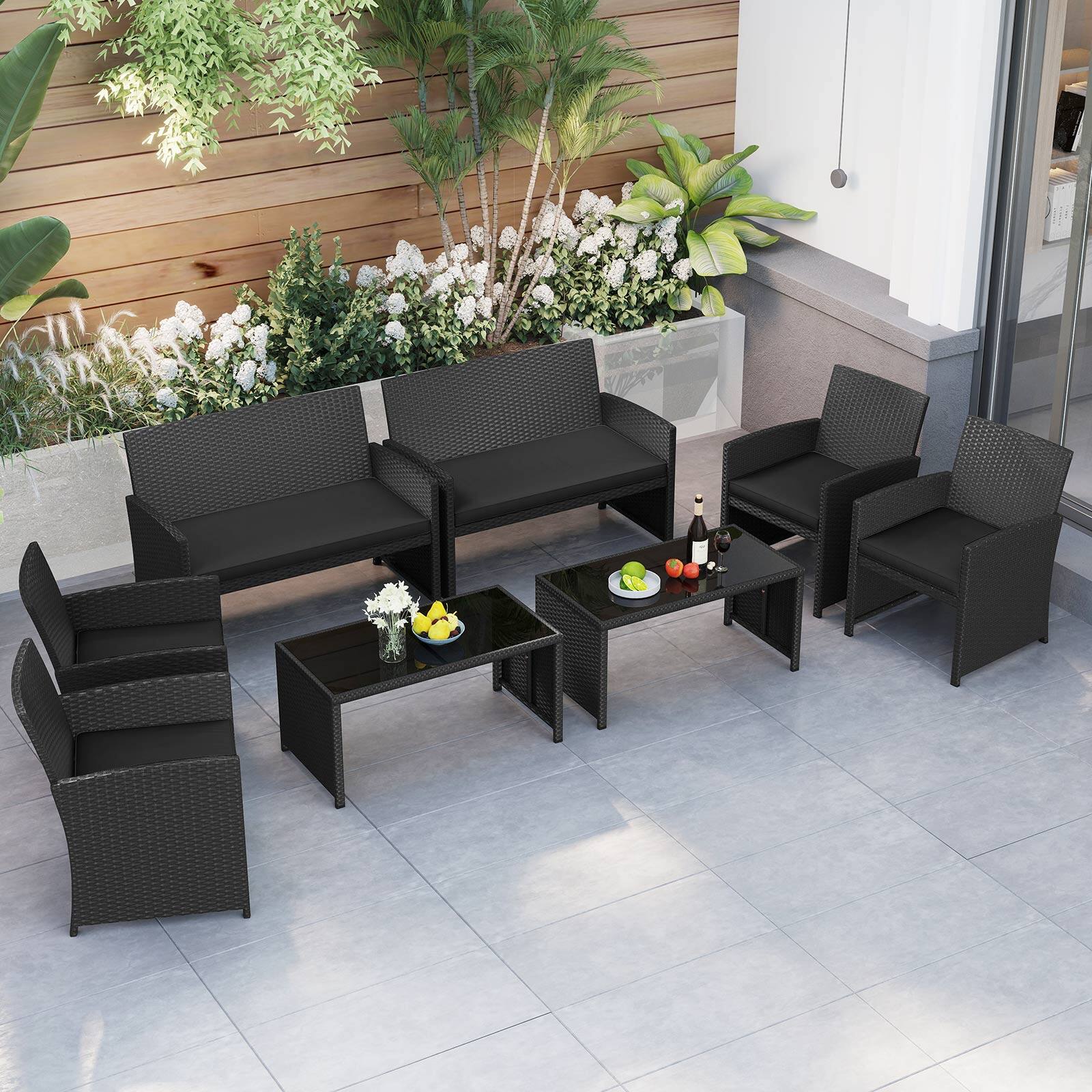 Alt View 1. Gymax - Gymax Set of 8 Patio Conversation Set w/Seat Cushions & Tempered Glass Tabletop Porch Outdoor Black - Black.