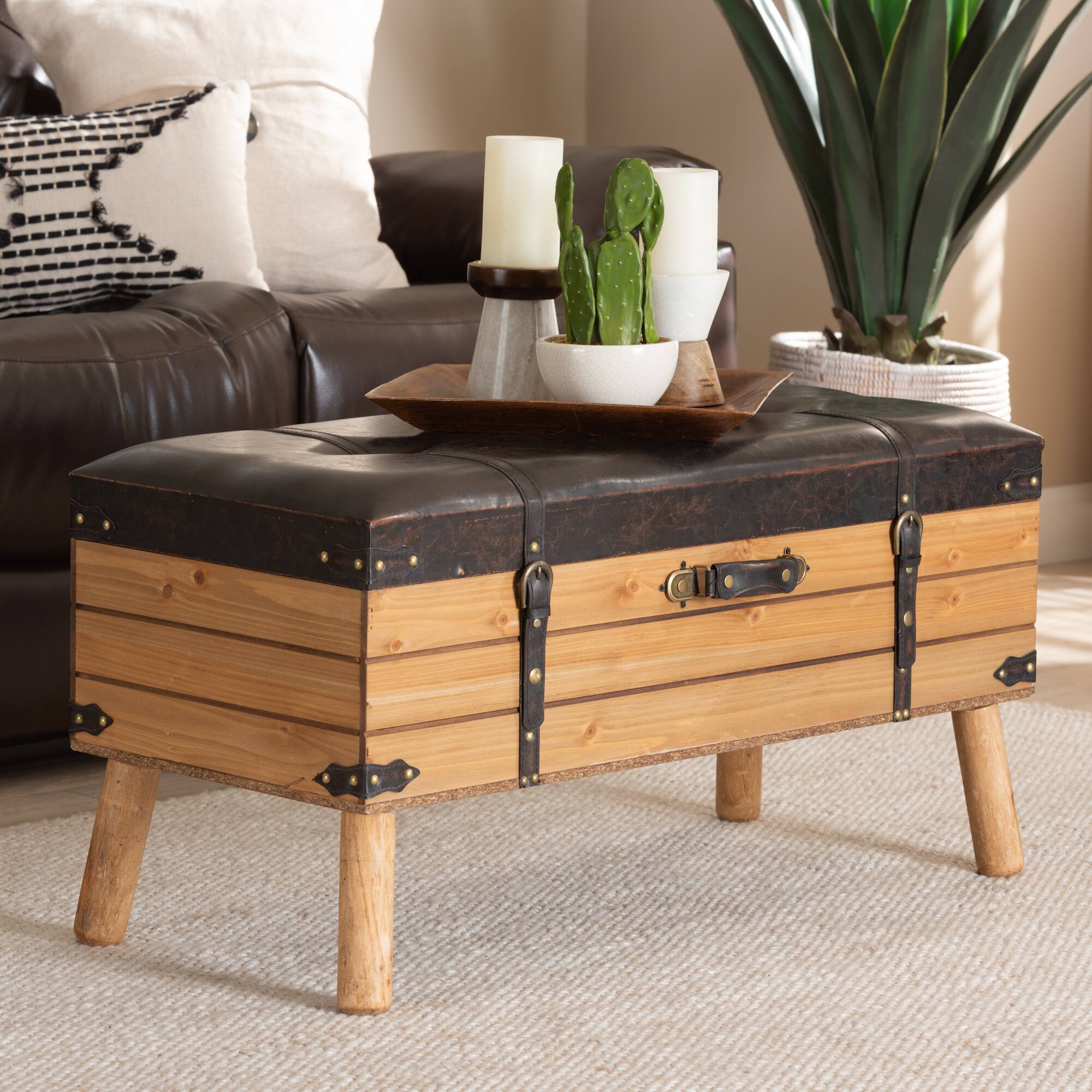 Alt View 5. Baxton Studio - Amena Rustic Transitional PU Leather Upholstered and Oak Finished Wood Large Storage Ottoman - Brown/Oak.
