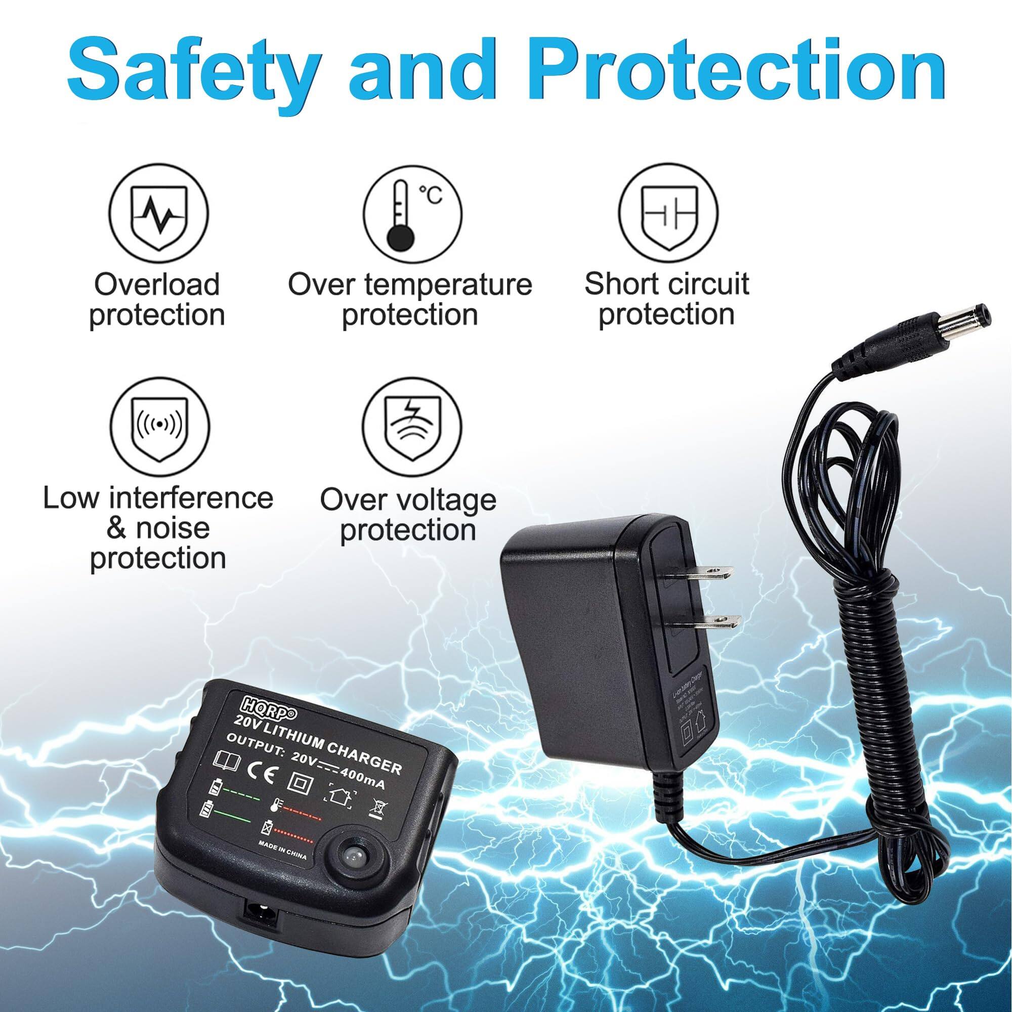 Safety and Protection

- Overload protection
- Over temperature protection
- Short circuit protection
- Low interference & noise protection
- Over voltage protection

20V LITHIUM CHARGER  
OUTPUT: 20V==400mA  
CE  
MADE IN CHINA