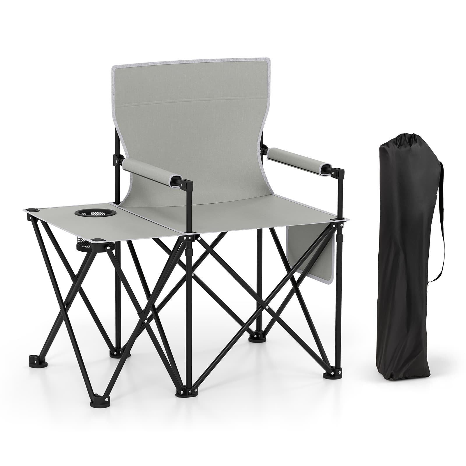 Gymax - Oversized Camping Chair w/Side Table 2 Storage Pockets Cup Holder for Fishing - Gray