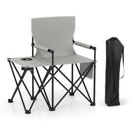 Gymax - Oversized Camping Chair w/Side Table 2 Storage Pockets Cup Holder for Fishing - Gray