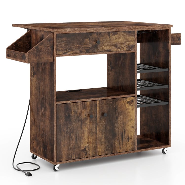 SlickBlue - Rolling Kitchen Island Cart with Drop Leaf, Power Outlet, and Adjustable Storage - Rustic Brown