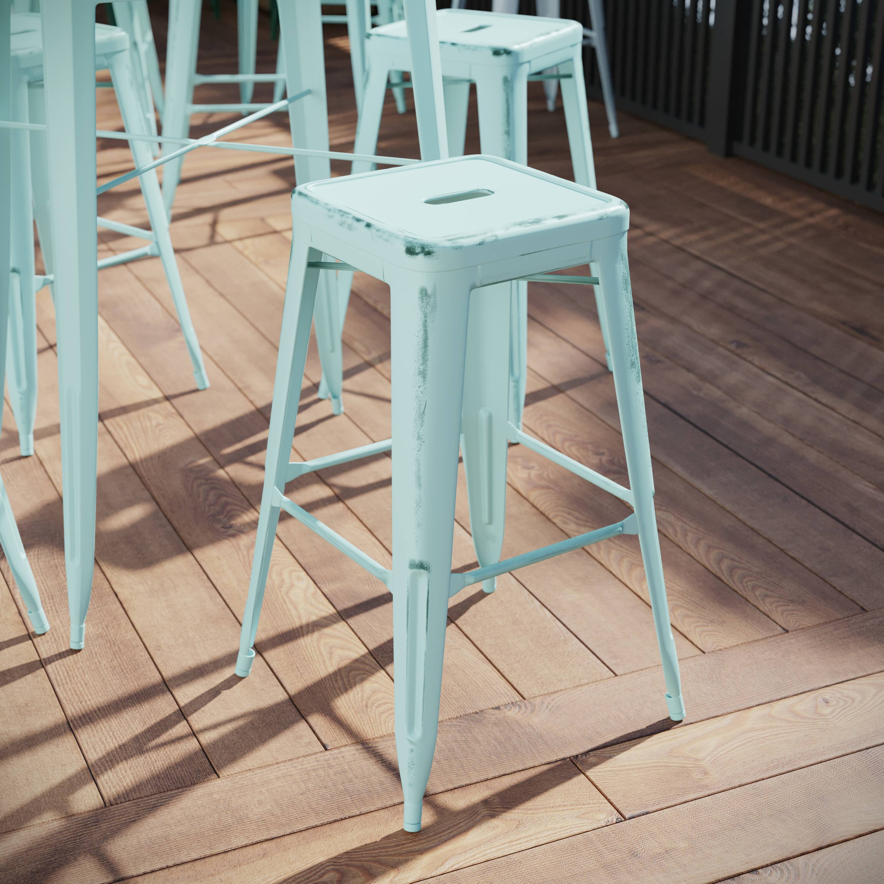 Angle. Flash Furniture - Kai Commercial Grade 30" High Backless Distressed Green-Blue Metal Indoor-Outdoor Barstool - Blue.