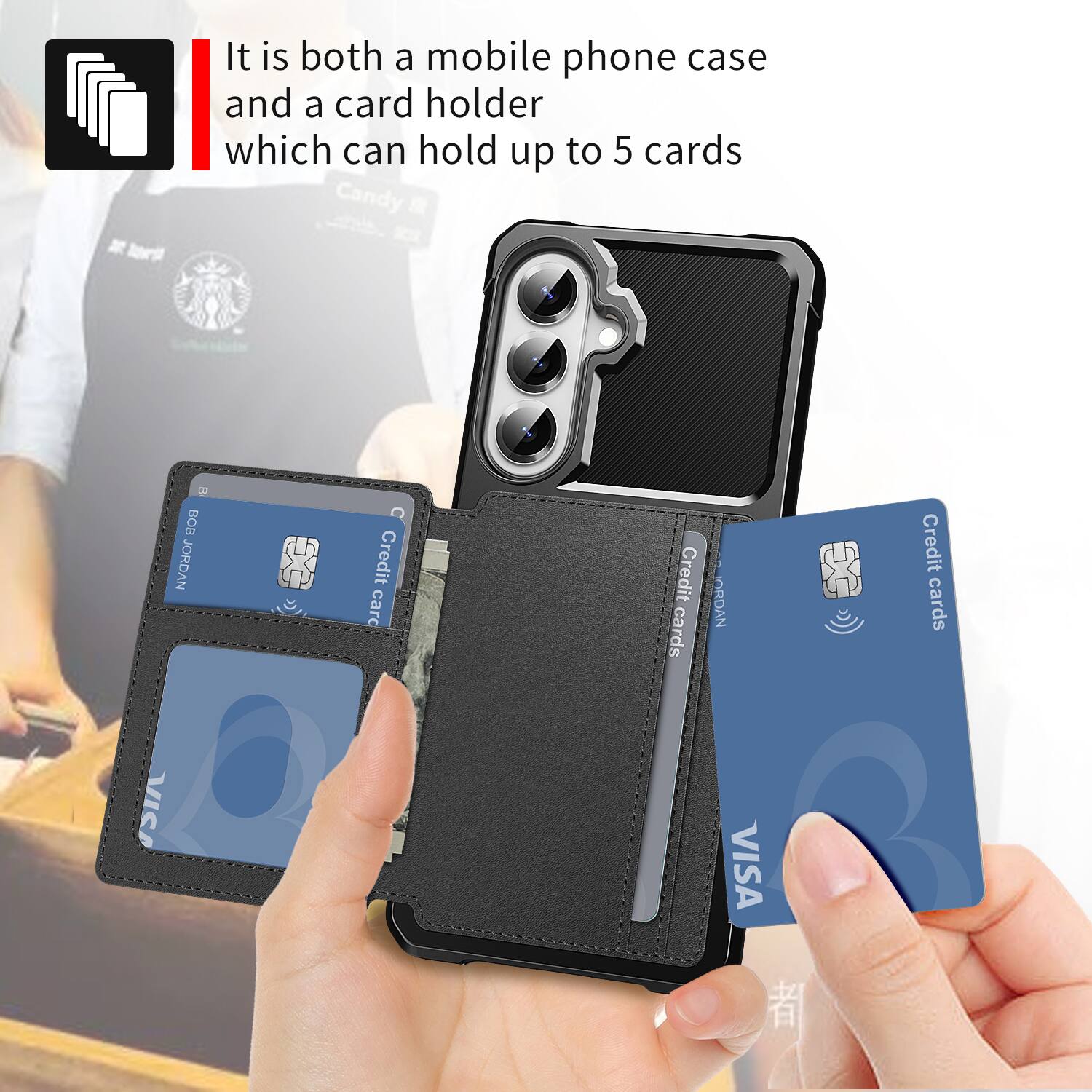 It is both a mobile phone case and a card holder which can hold up to 5 cards.
