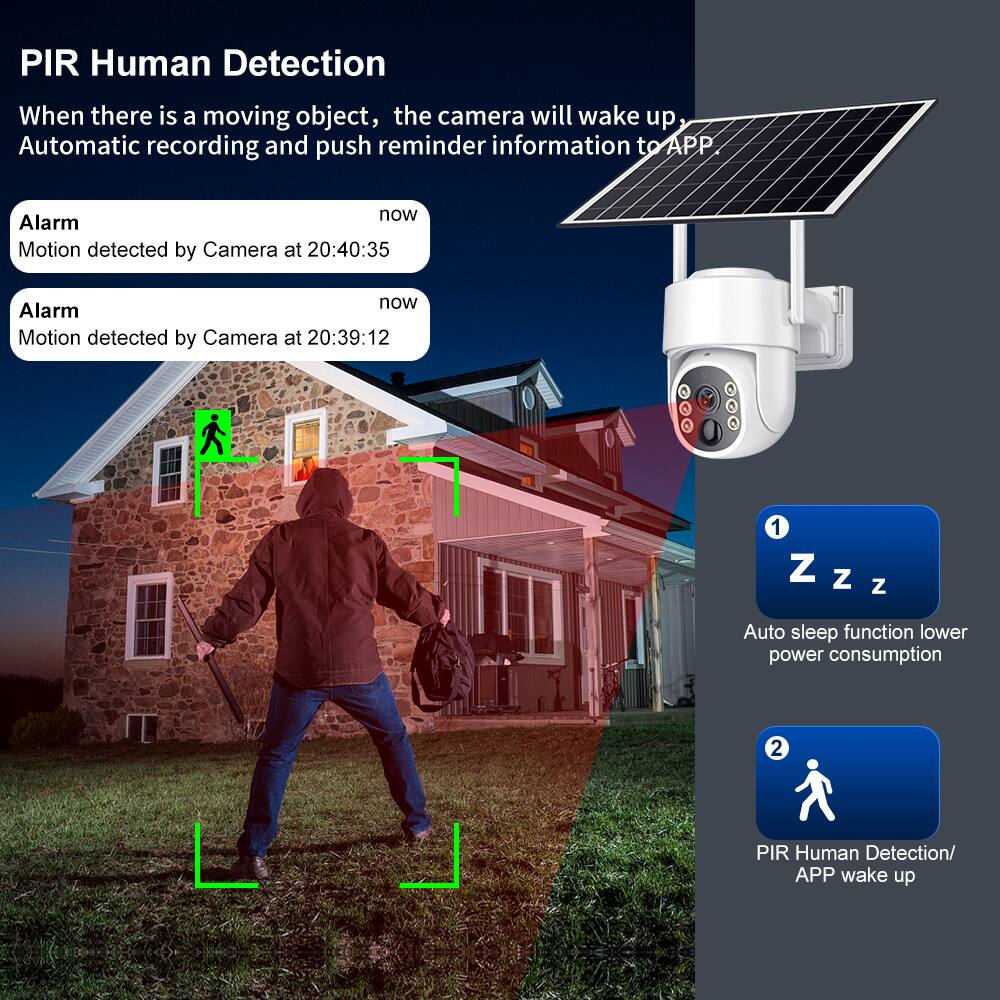 PIR Human Detection

When there is a moving object, the camera will wake up, Automatic recording and push reminder information to APP

Alarm
Motion detected by Camera at 20:40:35 now

Alarm
Motion detected by Camera at 20:39:12 now

1. Auto sleep function lower power consumption
2. PIR Human Detection/ APP wake up