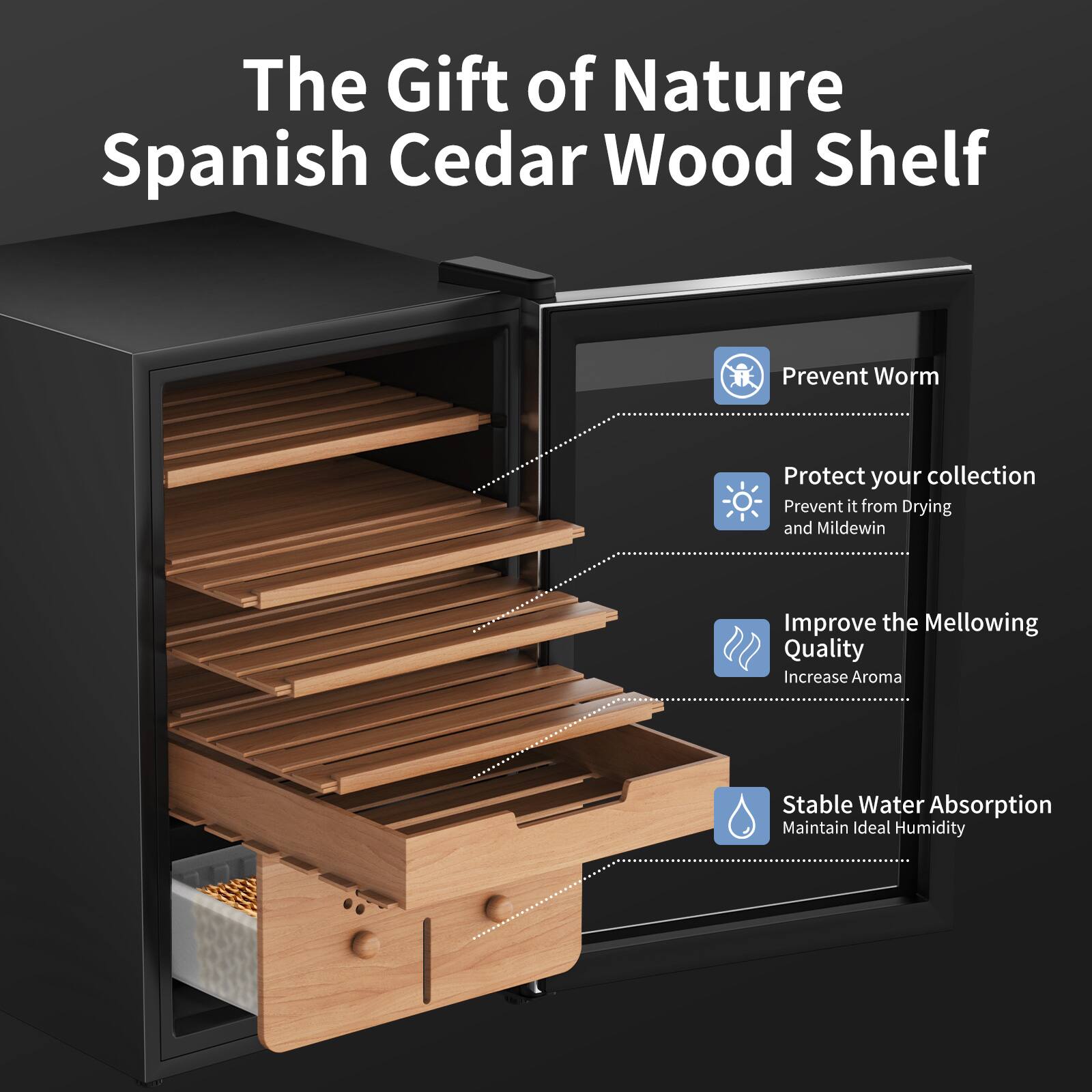 The Gift of Nature Spanish Cedar Wood Shelf

- Prevent Worm
- Protect your collection
  - Prevent it from Drying and Mildew
- Improve the Mellowing Quality
  - Increase Aroma
- Stable Water Absorption
  - Maintain Ideal Humidity