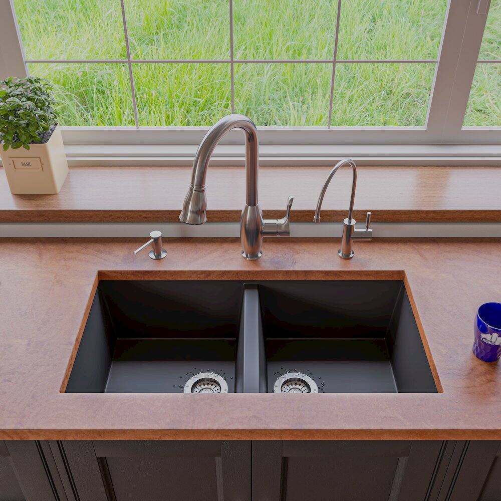 Left. Alfi - Black 34" Undermount Double Bowl Granite Composite Kitchen Sink - Black.