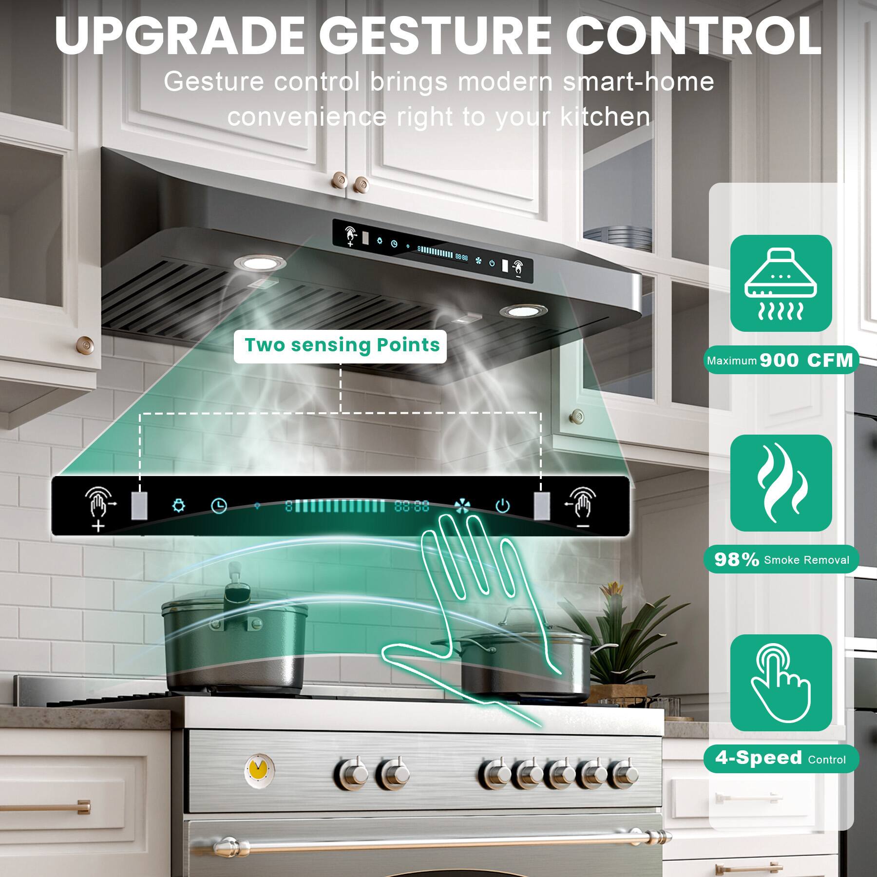 UPGRADE GESTURE CONTROL

Gesture control brings modern smart-home convenience right to your kitchen

- Two sensing Points
- Maximum 900 CFM
- 98% Smoke Removal
- 4-Speed Control