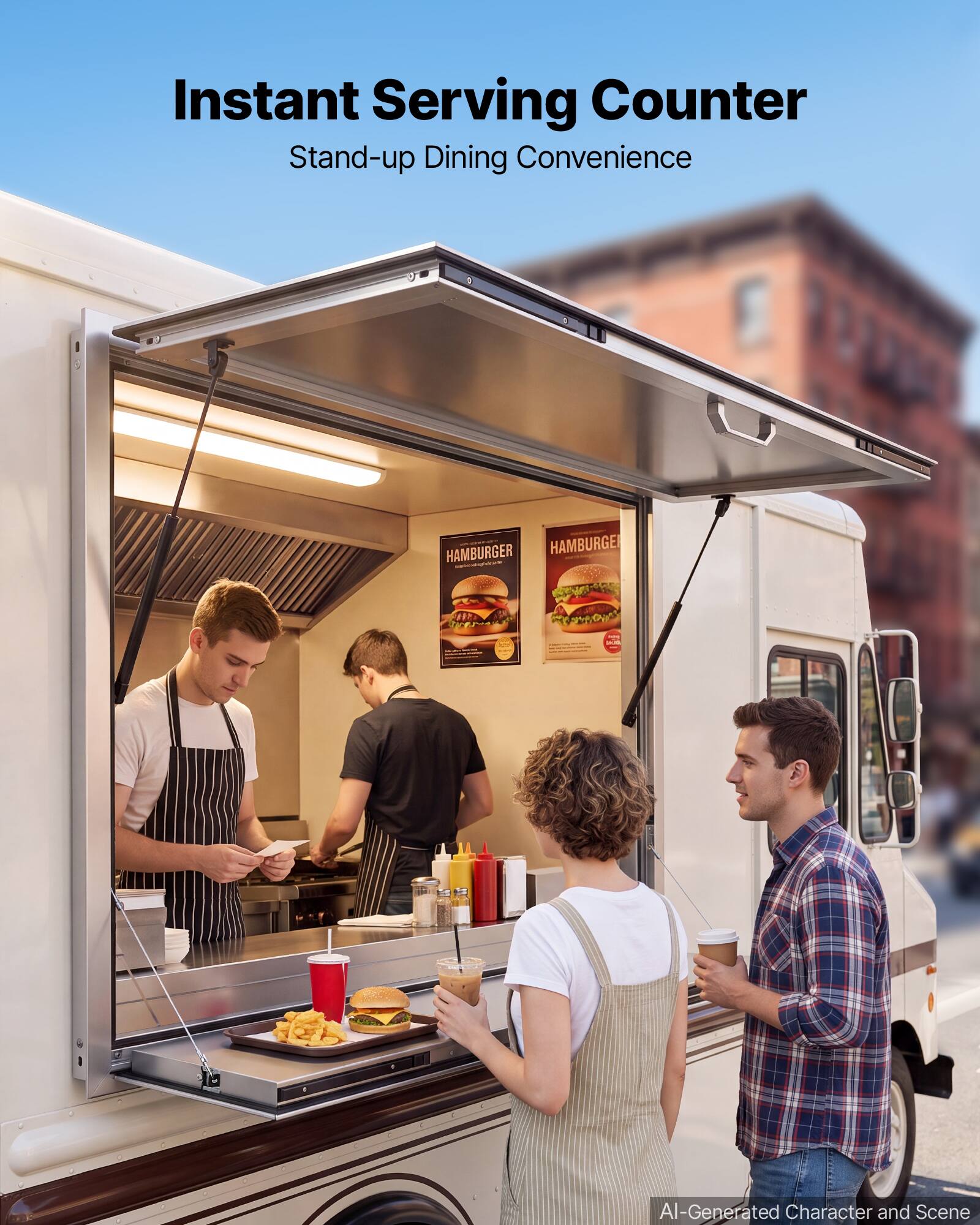 Instant Serving Counter  
Stand-up Dining Convenience  

HAMBURGER  
HAMBURGER  

AI-Generated Character and Scene