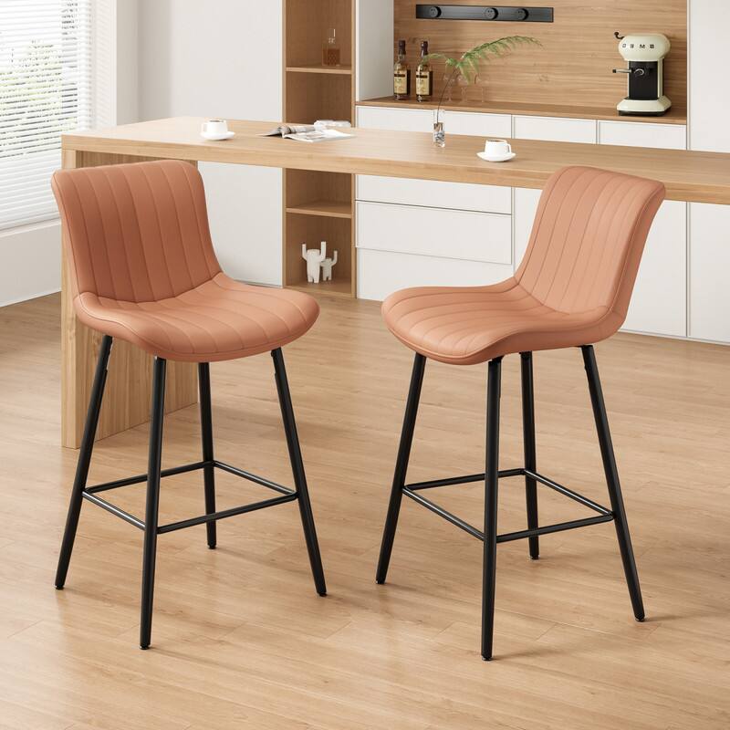 Alt View 1. HTUTWOO - Set of 2 Counter Height Bar Stools, Faux Leather, Sturdy Metal Legs for Kitchen Island, Dining Room & Home Bar - Brown.
