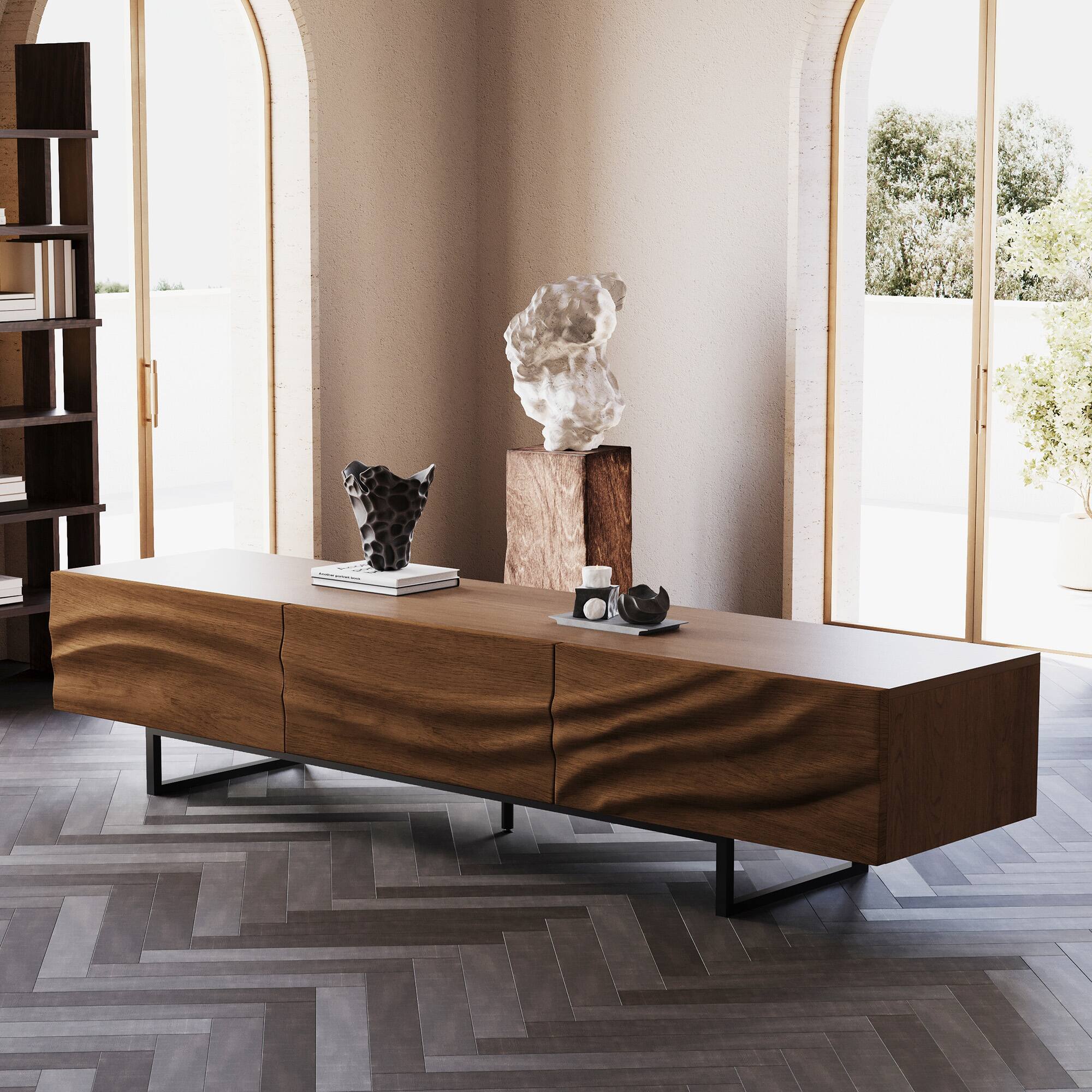 Front. luck idea - Mid-Century Modern TV Stand - 82.83” Wide with Metal Legs, 3 Drawers & Vent Holes - Walnut Color.