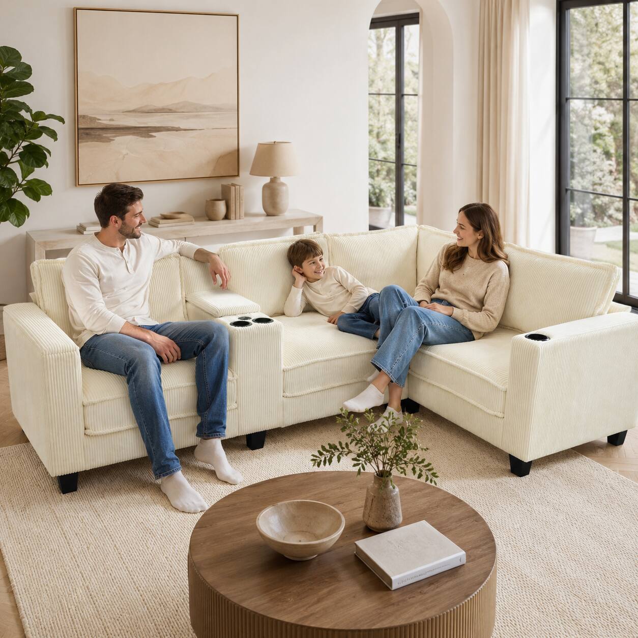 Angle. Anysun - L-Shape 4-Seat Corduroy Sofa with Storage Armrests, Center Console & USB Charging. - Beige.
