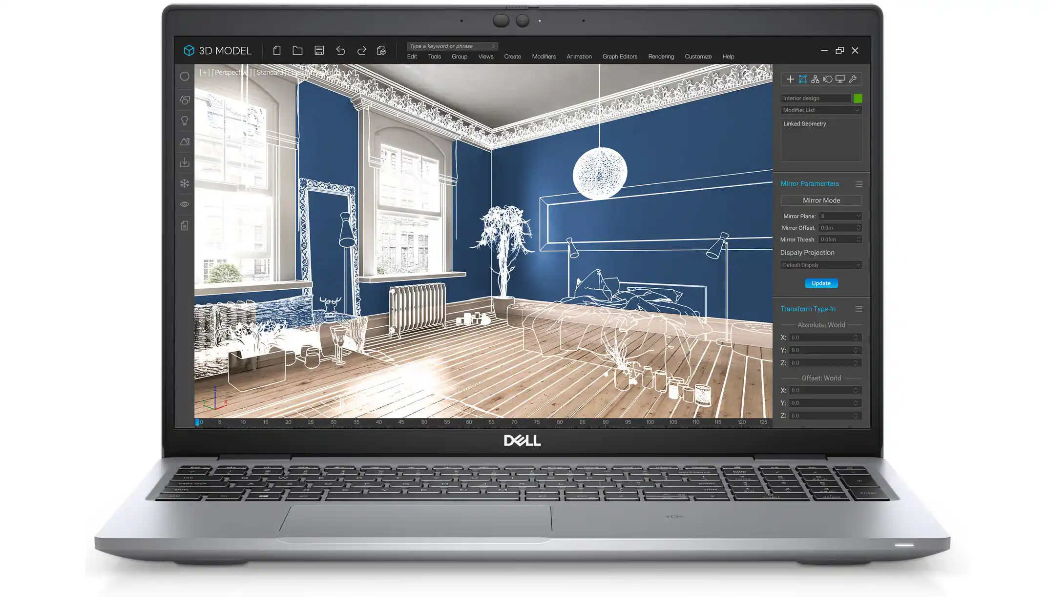 3D MODEL  
Type a Keyword - phrase  
Edit Tools  
Group Views  
Create Modifiers  
Animation  
Graph Editors  
Rendering  
Customize  
Help  

x [+]  
Perspect  
Standard  
Perspect  
Standard  

Interior Design  
Modifier List  
Linked Geometry  
Mirror  
Parameters  
Mirror Mode  
Mirror Plane  
Mirror Offset  
0.0  
Mirror Threshold  
0.0  

Display Projection  
Display Update  

Transform Type-In  
Absolute: World  
X: 0.0  
Y: 0.0  
Z: 0.0  
Offset: World  
X: 38  
Y: 0  
Z: 0  

- M  
TE 1S  
- 30  
- 05  
- 106  
TE m  
10  
S  
Z  
00  
DELL