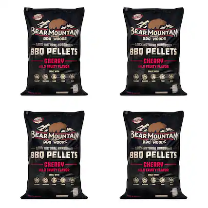 BEAR MOUNTAIN BBQ WOODS 100% NATURAL HARDWOOD BBQ PELLETS CHERRY MILD FRUITY FLAVOR GREAT WITH POULTRY SEAFOOD LAMB PORK BEEF