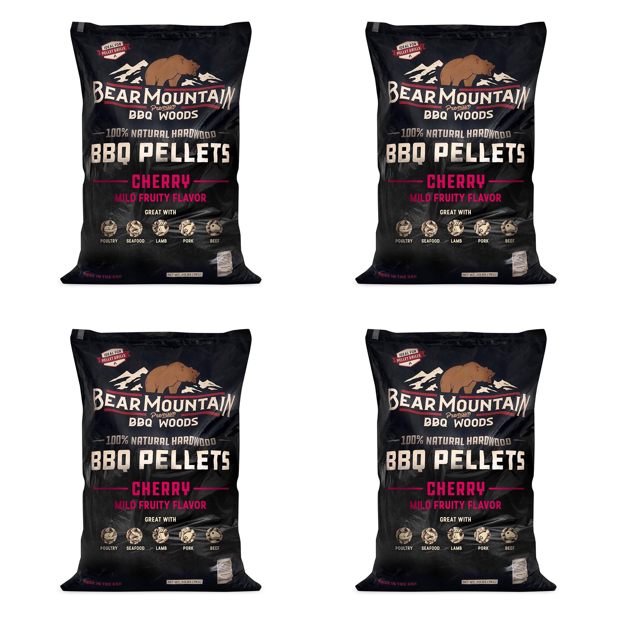 BEAR MOUNTAIN BBQ WOODS 100% NATURAL HARDWOOD BBQ PELLETS CHERRY MILD FRUITY FLAVOR GREAT WITH POULTRY SEAFOOD LAMB PORK BEEF