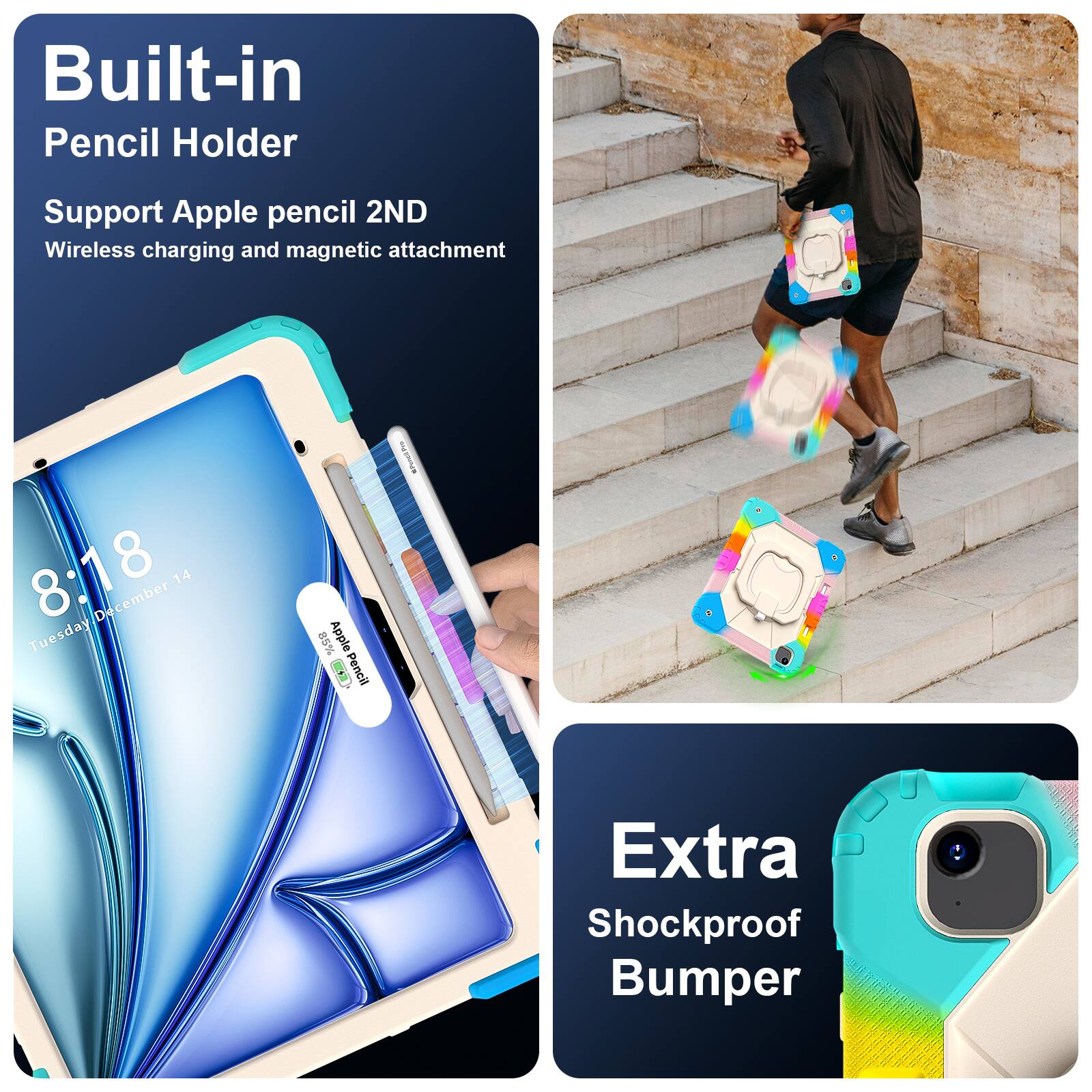 Built-in Pencil Holder  
Support Apple pencil 2ND  
Wireless charging and magnetic attachment  

8:18  
Tuesday, December 14  

Extra Shockproof Bumper