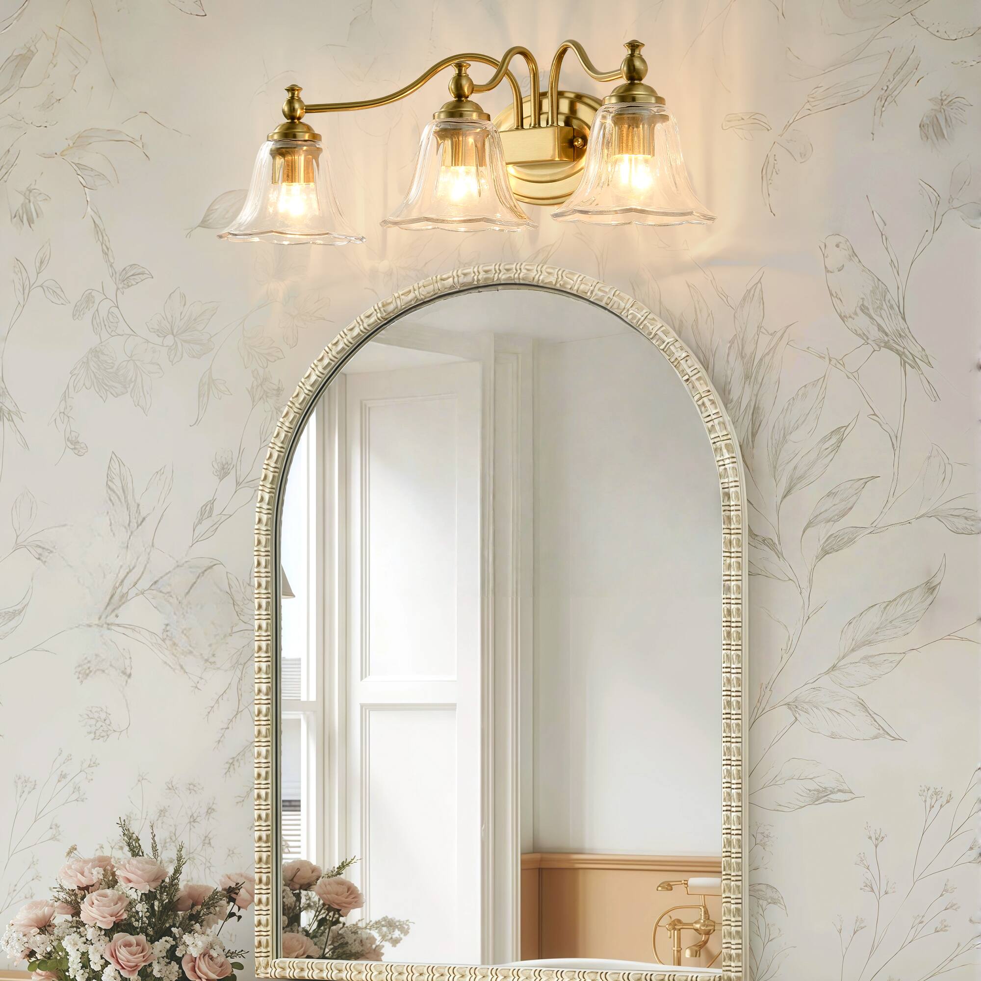 Alt View 4. RYHNUYNE - 3-Light Bathroom Vanity Light Fixture,Gold Vanity Lighting,Farmhouse Wall Mount Lighting Over Mirror for Bedroom Hallway - Gold.