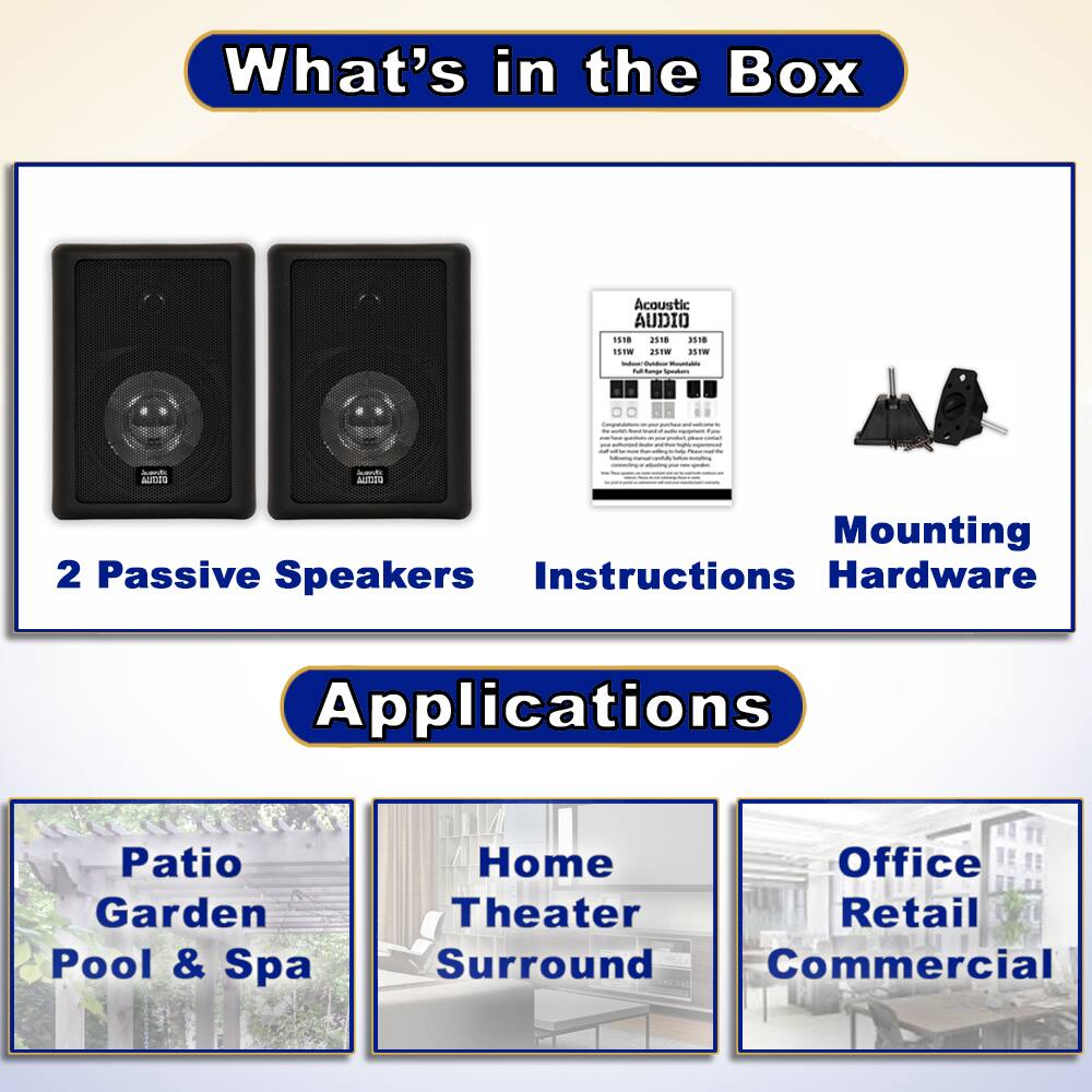 What's in the Box

- 2 Passive Speakers
- Instructions
- Mounting Hardware

Applications

- Patio Garden Pool & Spa
- Home Theater Surround
- Office Retail Commercial