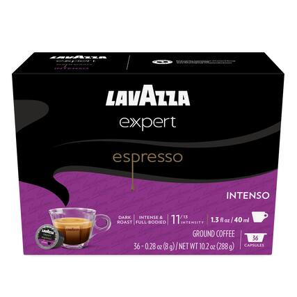 LAVAZZA expert espresso
INTENSO
DARK ROAST | FULL-BODIED
11/13 INTENSITY
1.3 fl oz / 40 ml
GROUND COFFEE
36 - 0.28 oz (8 g) / NET WT 10.2 oz (288 g)
CAPSULES