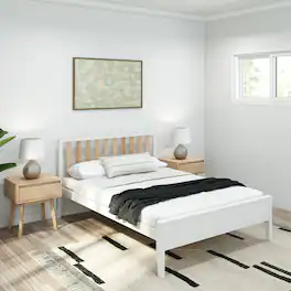 Plank+Beam - Scandinavian Full-Size Bed with Slatted Headboard, White/Blonde - White/Blonde