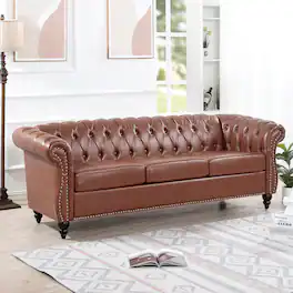 Anysun - 84" Faux Leather 3-Seat Chesterfield Sofa - Rolled Arm, Deep Seating, Button Tufted for Living Room & Office - Brown
