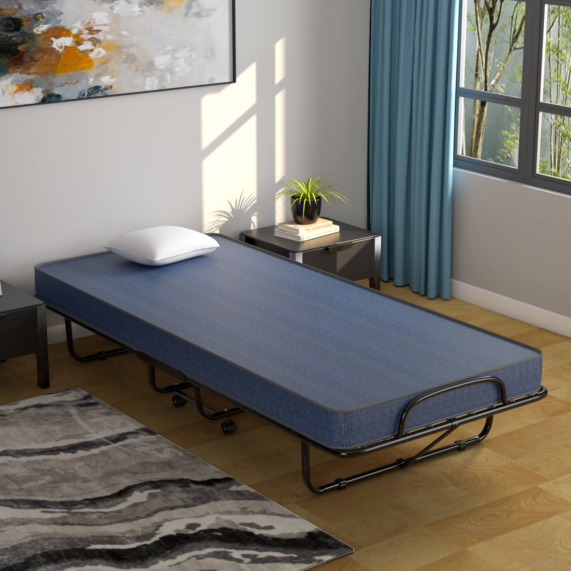 Alt View 4. Gymax - Gymax Folding Bed with Mattress Portable Rollaway Guest Cot Memory Foam Made in Italy Navy - Navy.
