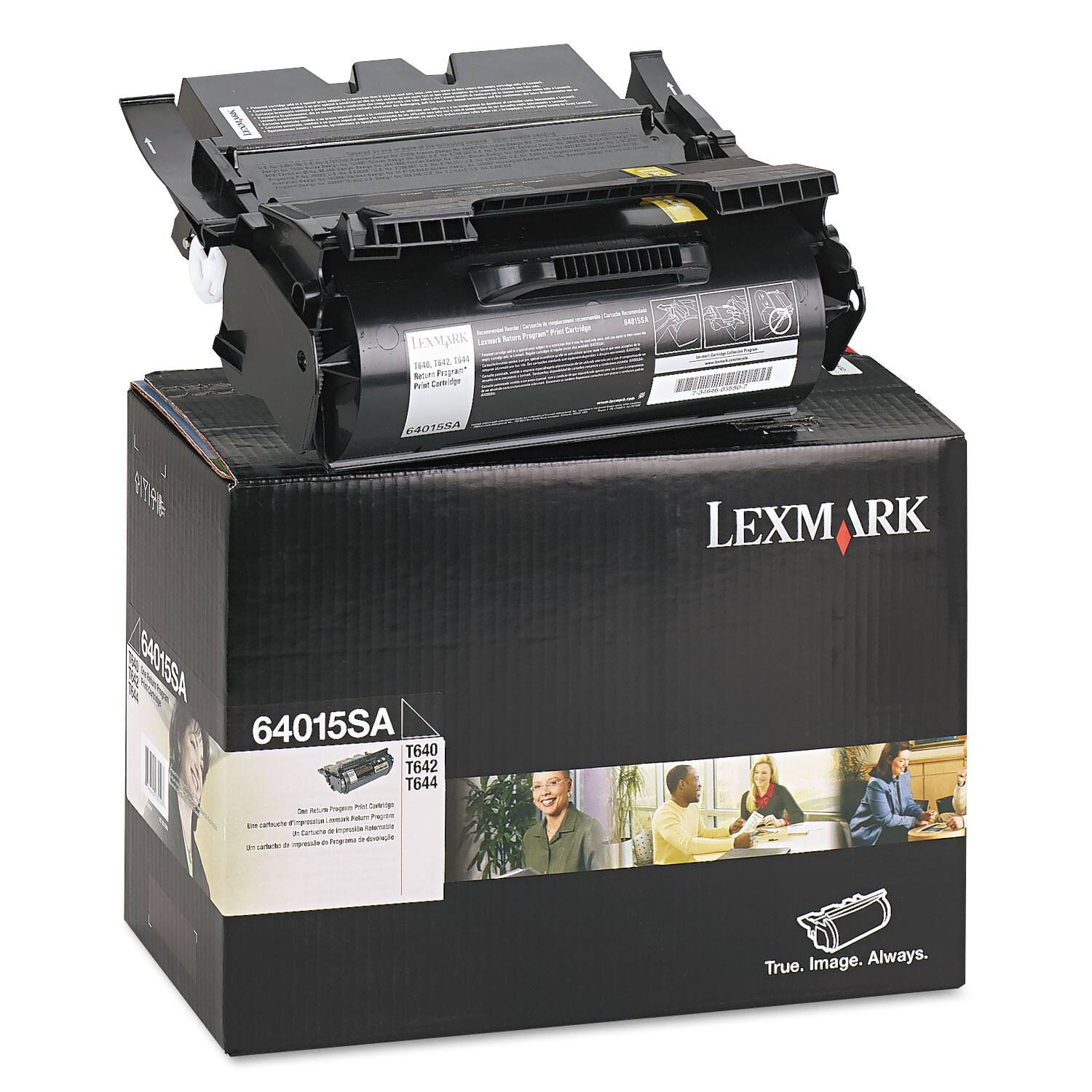 Sure, here is the corrected and grouped text from the image:

---

**Box:**
- LEXMARK
- 64015SA
- T640 T642 T644
- One Cartridge for Printers
- LEXMARK
- True. Image. Always.

**Cartridge:**
- LEXMARK
- 64015SA
- Print Cartridge
- 1648, 1649, 1650, 1651
- Print Cartridge

**Additional Text:**
- Tt N IPAA Pt Deg Loumas Bee Prapran
- LEXMARK THcz THAL Sen Pergran
- Pral Cartte d 6A0188A
- LEXMARK ARK S4D1ESA 64015SA
- Tage T Saloar - Ne - suture Pagom F iutaua Conna - - a Tnu - g d -d an S i q + True. Image. Always.

---

This text appears to be a mix of product information and possibly some unrelated or garbled text. The main focus is on the LEXMARK