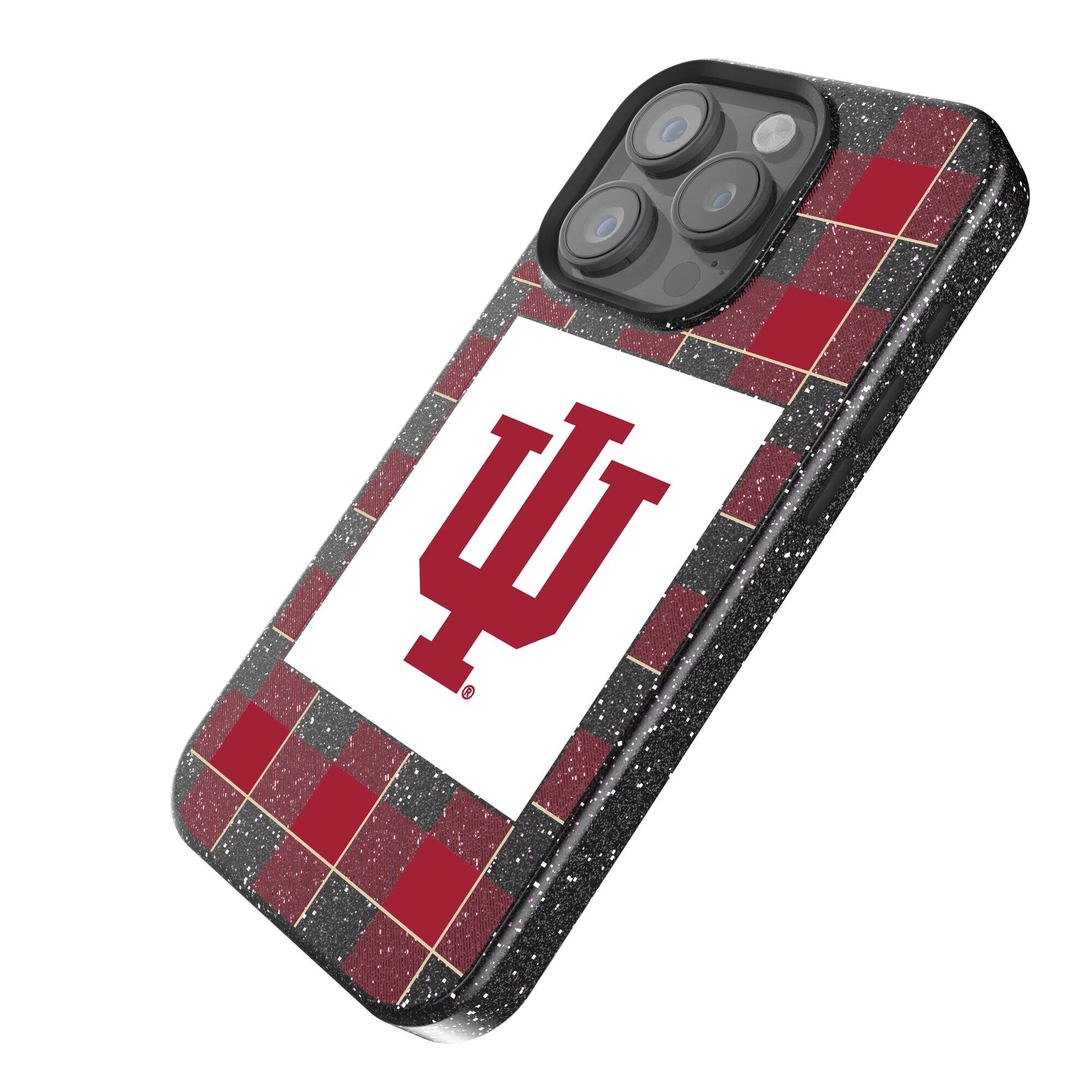 Alt View 1. Keyscaper - Indiana Hoosiers Plaid Bling iPhone Case - 16 Plus - Black.