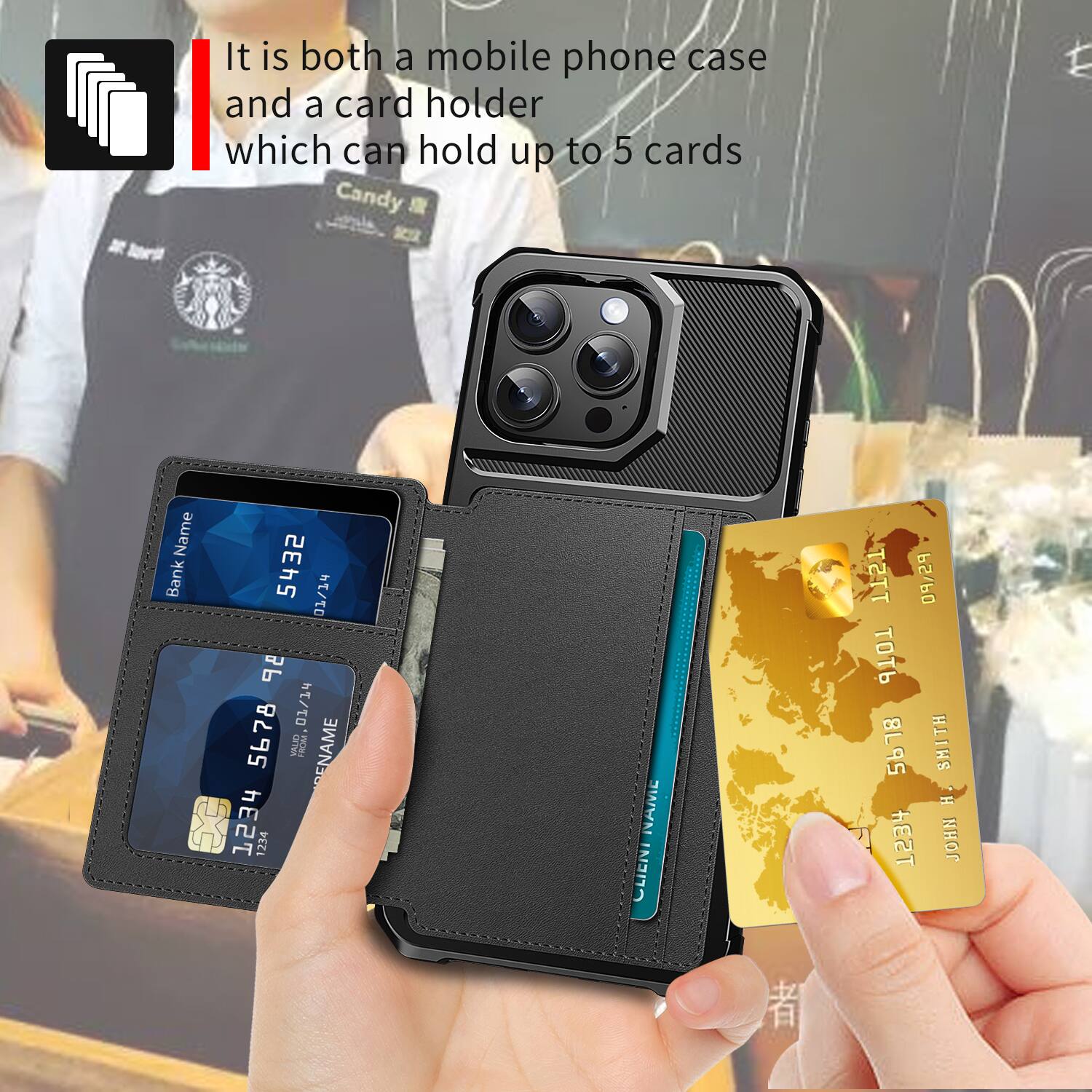 It is both a mobile phone case and a card holder which can hold up to 5 cards

Candy Name Bank 5432 01/14 8 01/14 5678 VALID FROM ENAME 1234 1234

NAME CLIENT: JOHN