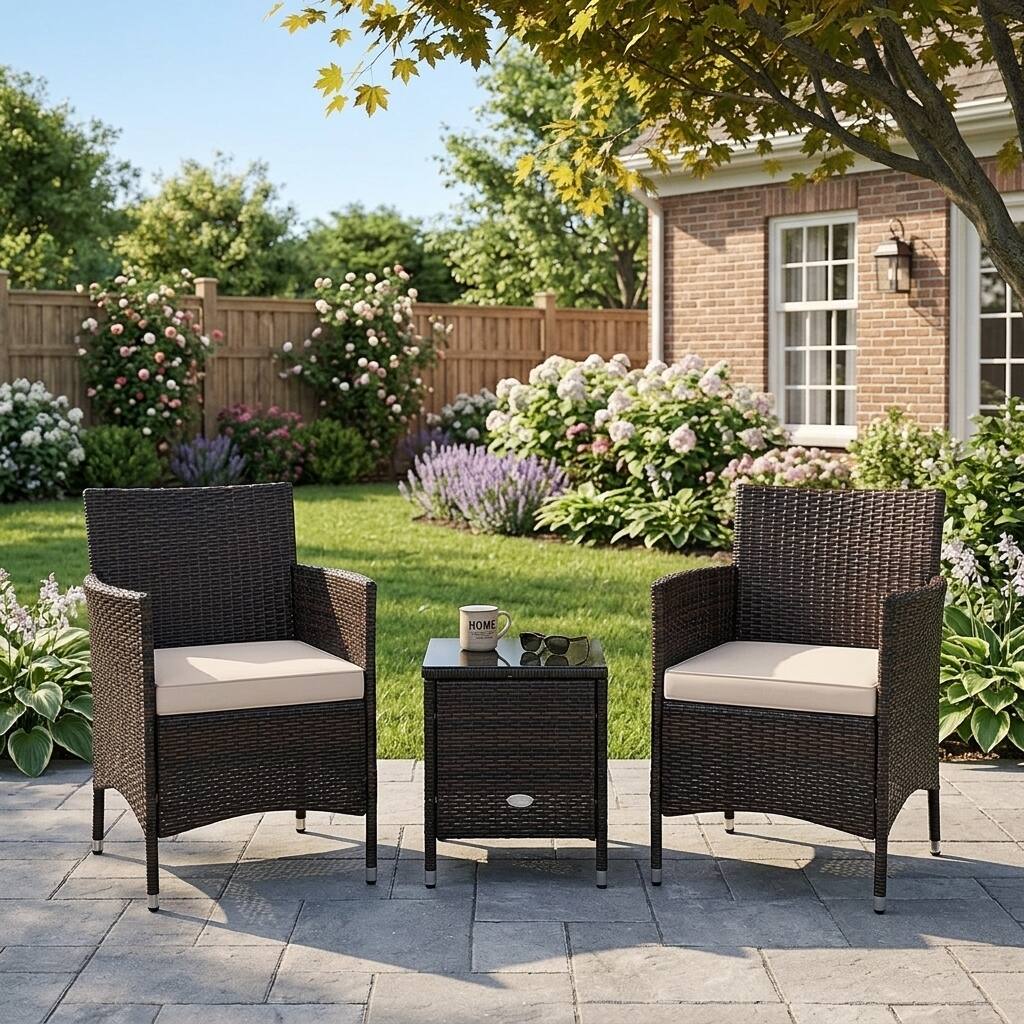 Angle. WELLFOR - 3 Pcs Outdoor Rattan Wicker Furniture Set with Cushions - Beige.