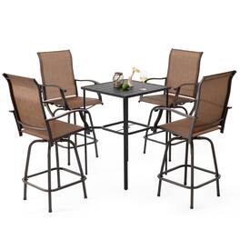Nuu Garden - Outdoor 5-Piece Textilene Bar Set, Swivel Bar Stools and Umbrella Hole - Black and Brown