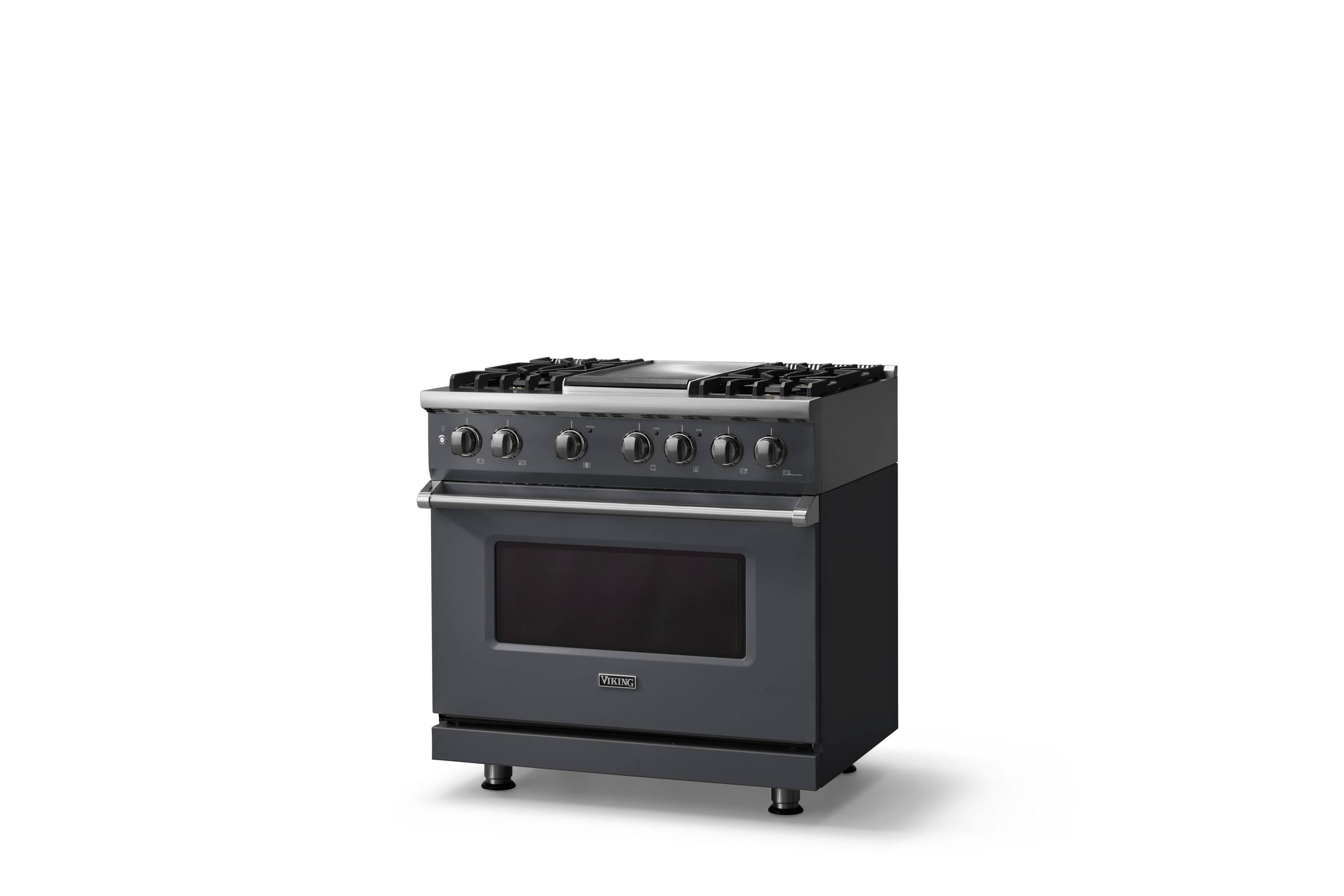 Angle. Viking - 36 in. Wide 4 Burner Pro 5 Series 5.6 Cu. Ft. Freestanding Sealed LP Dual Fuel Convection Range/Griddle - Cast Black - Cast Black.