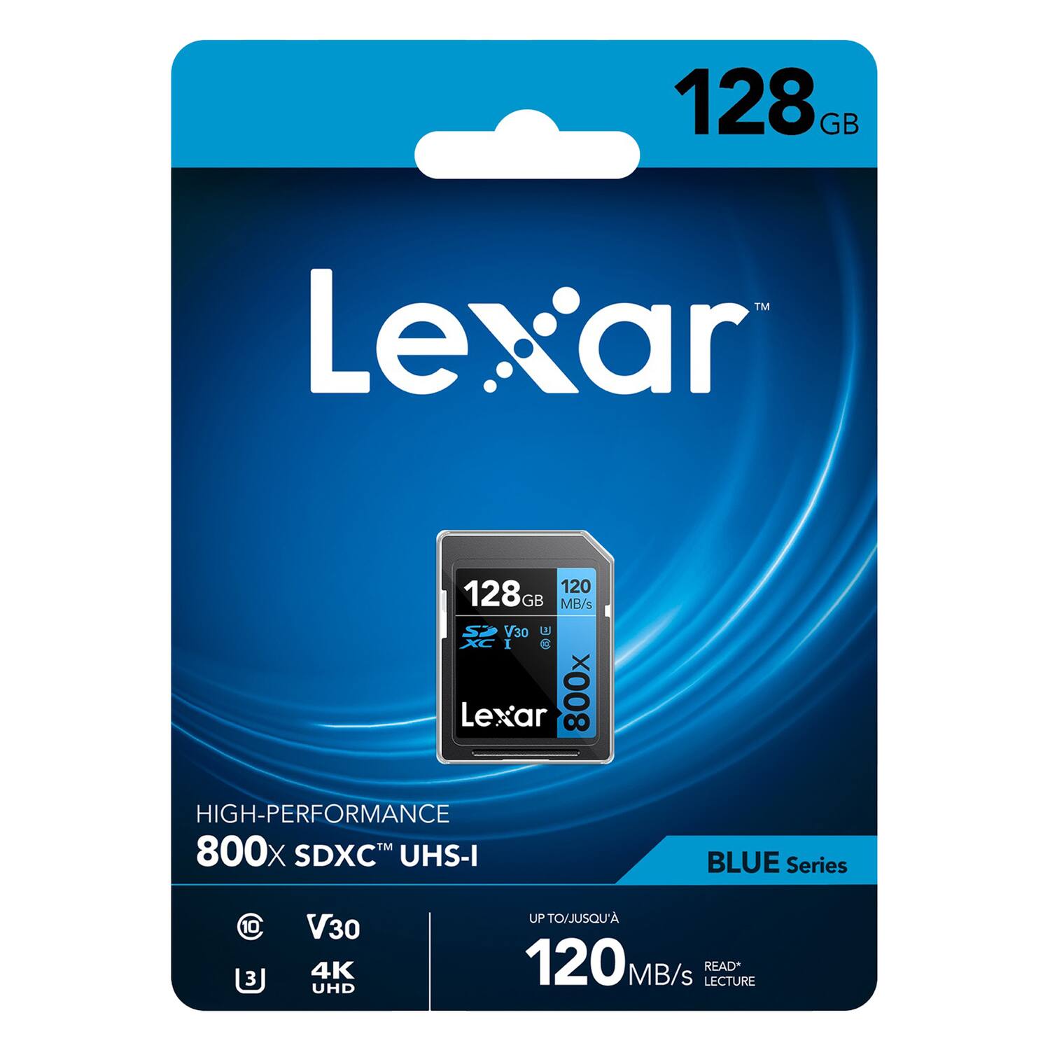 128GB Lexar 120 MB/s SDXC UHS-I BLUE Series V30 4K UHD UP TO/JUSQU'A 120 MB/s LECTURE READ*